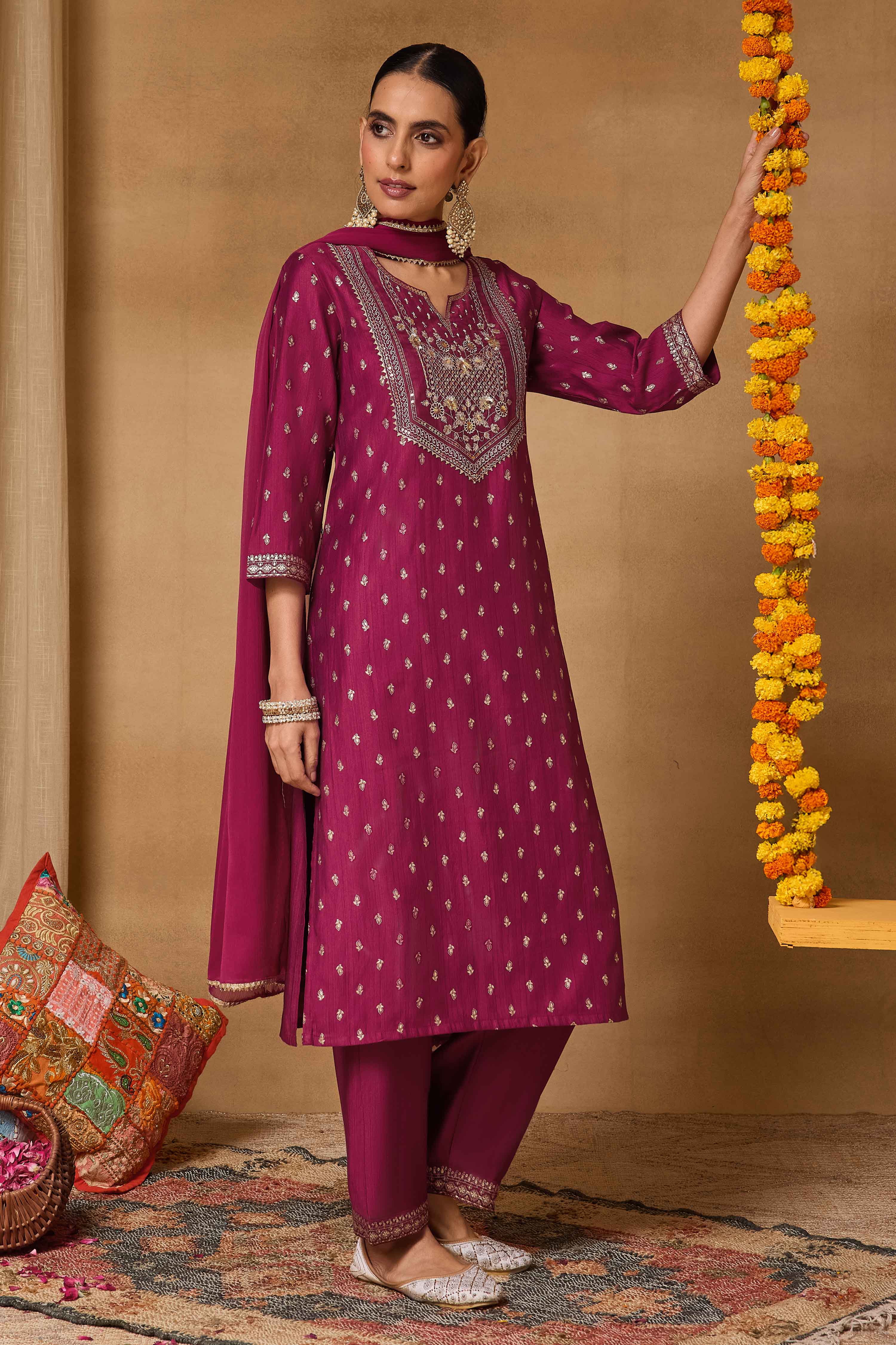 Maroon Viscose Blend Straight Printed Suit Set image number 6