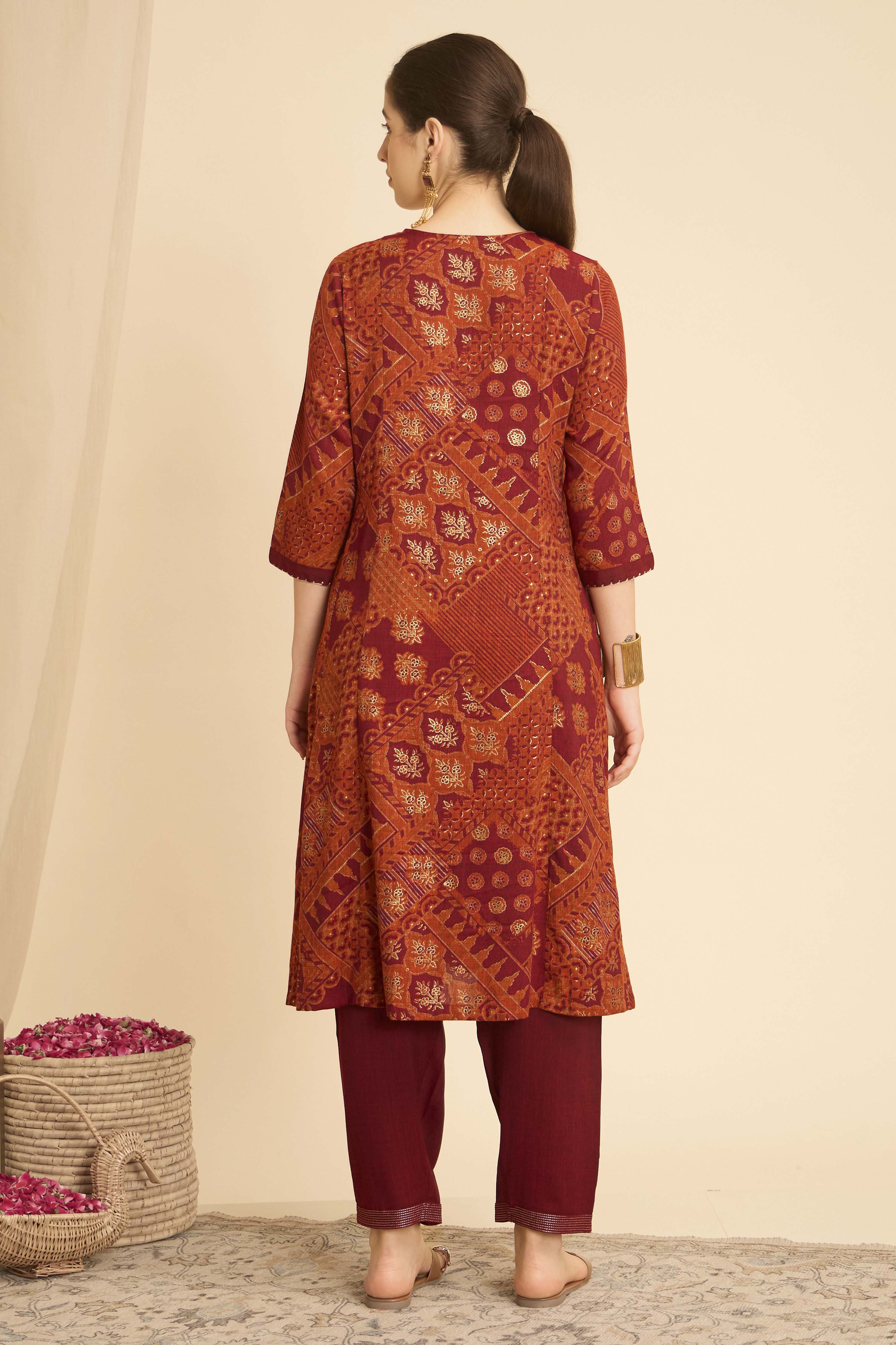 Orange Viscose Blend Straight Printed  image number 5
