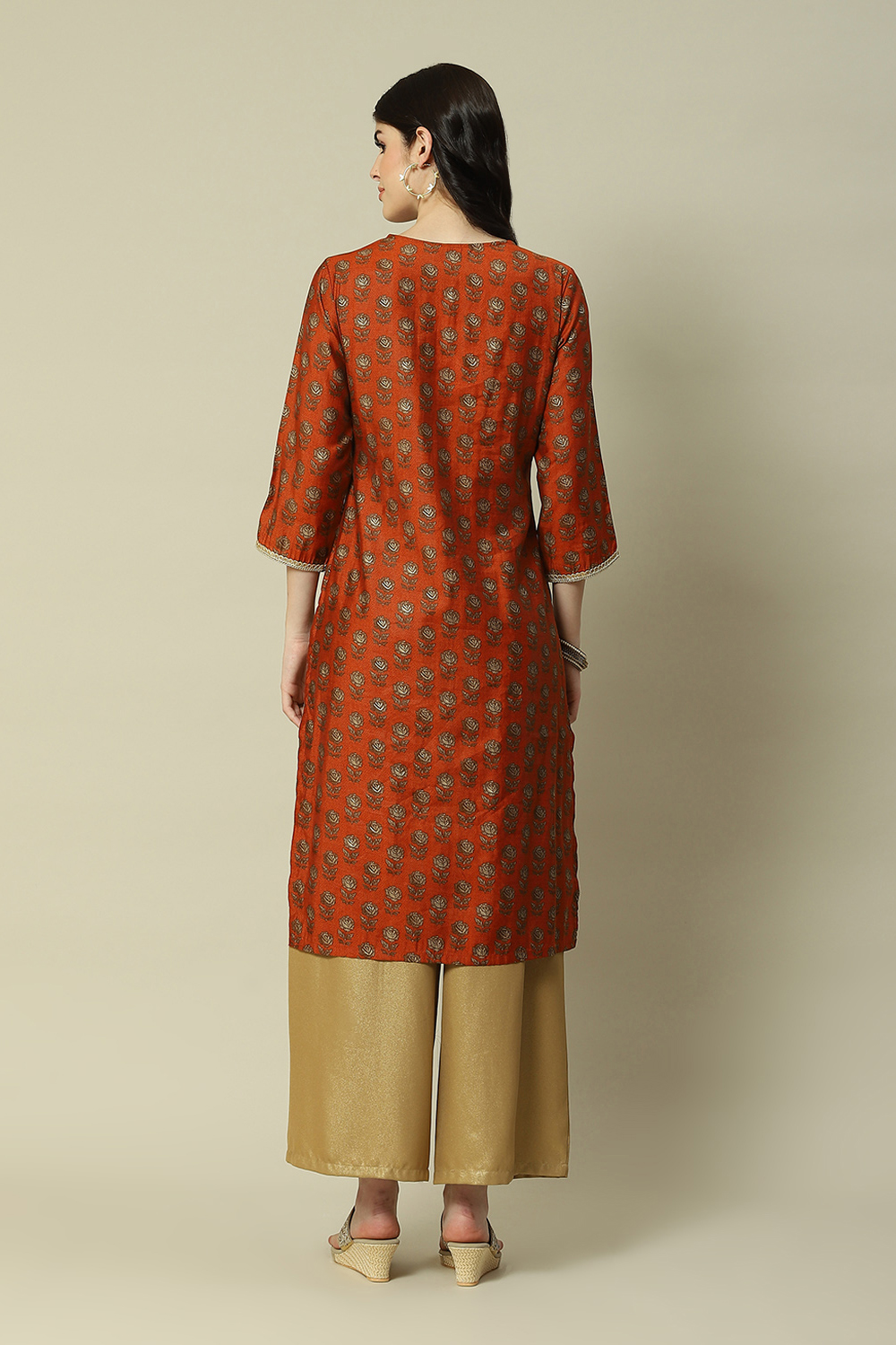 Orange LIVA Straight Printed Kurta image number 4