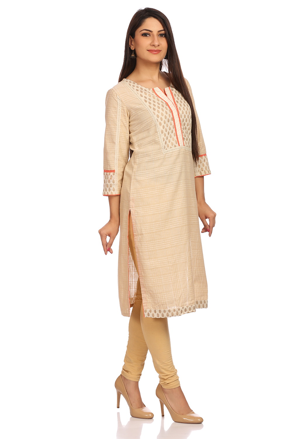 Beige Straight Cotton Kurta image number 1