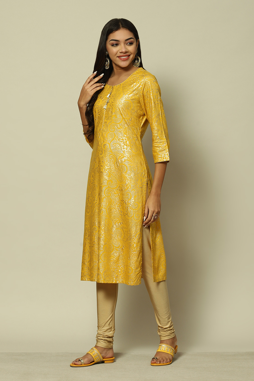 Yellow LIVA Straight Printed Kurta image number 2