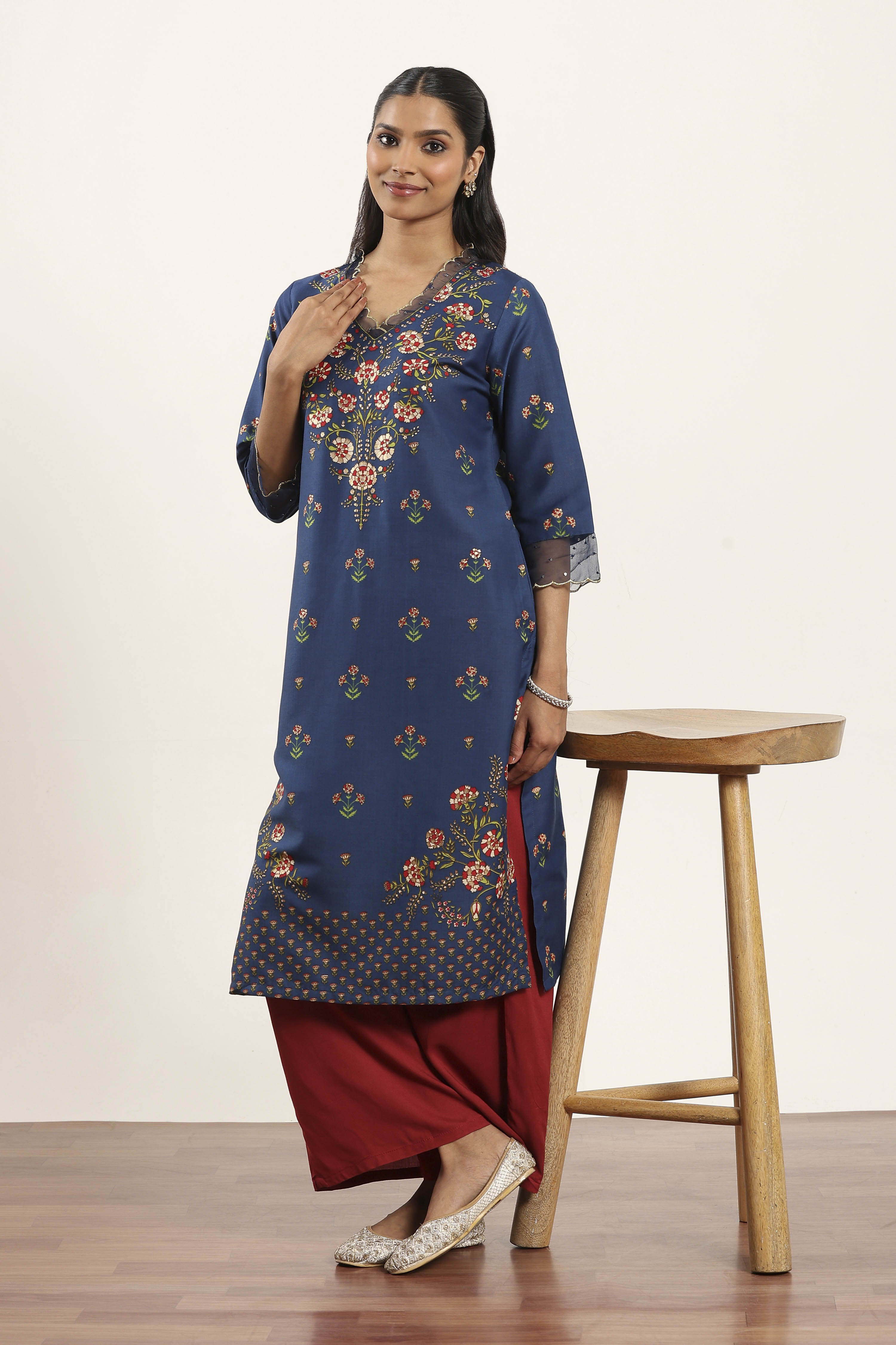Blue Viscose Rayon Straight Kurta Pants Set image number 0