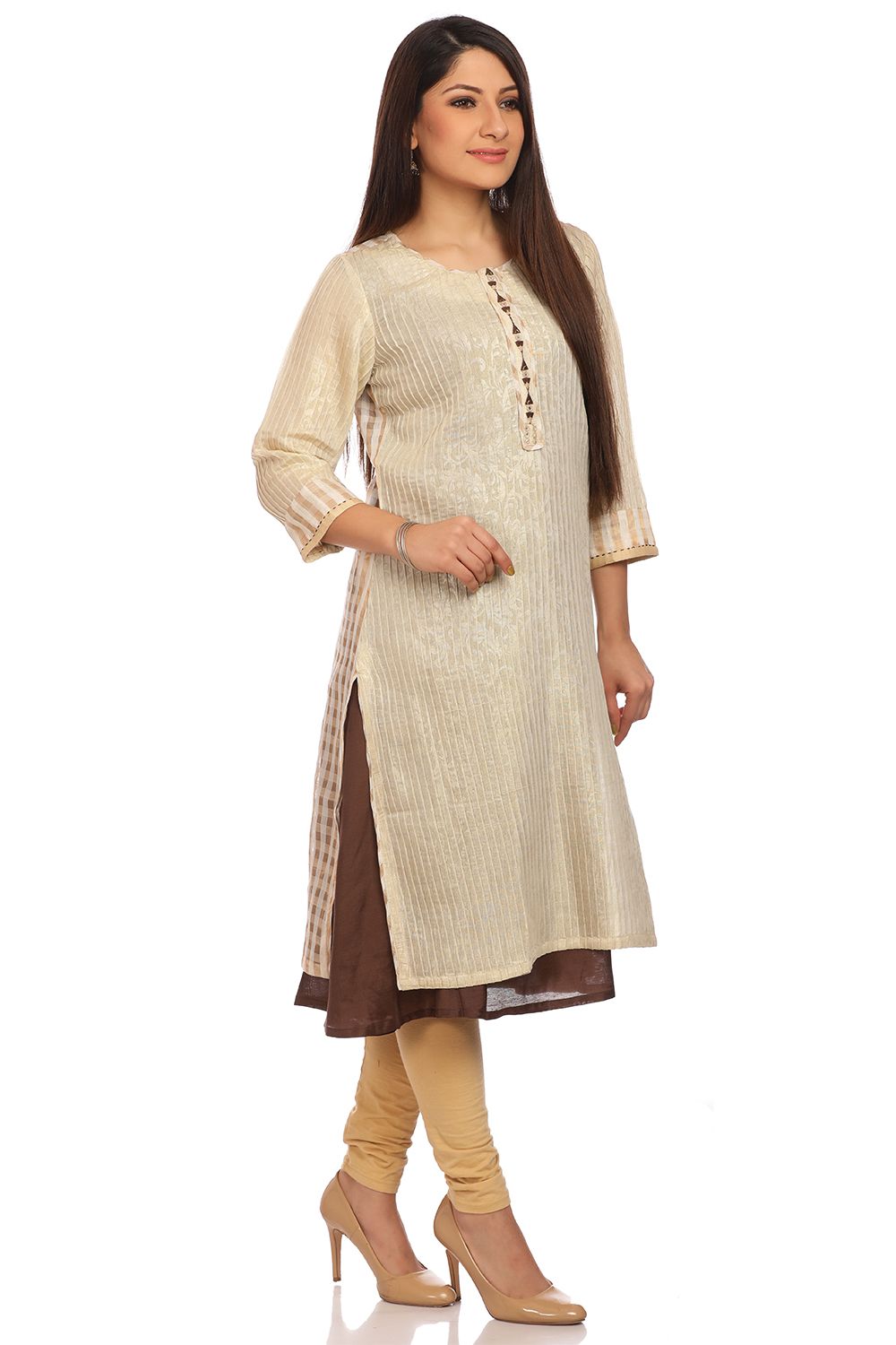 Beige Straight Cotton Kurta image number 1