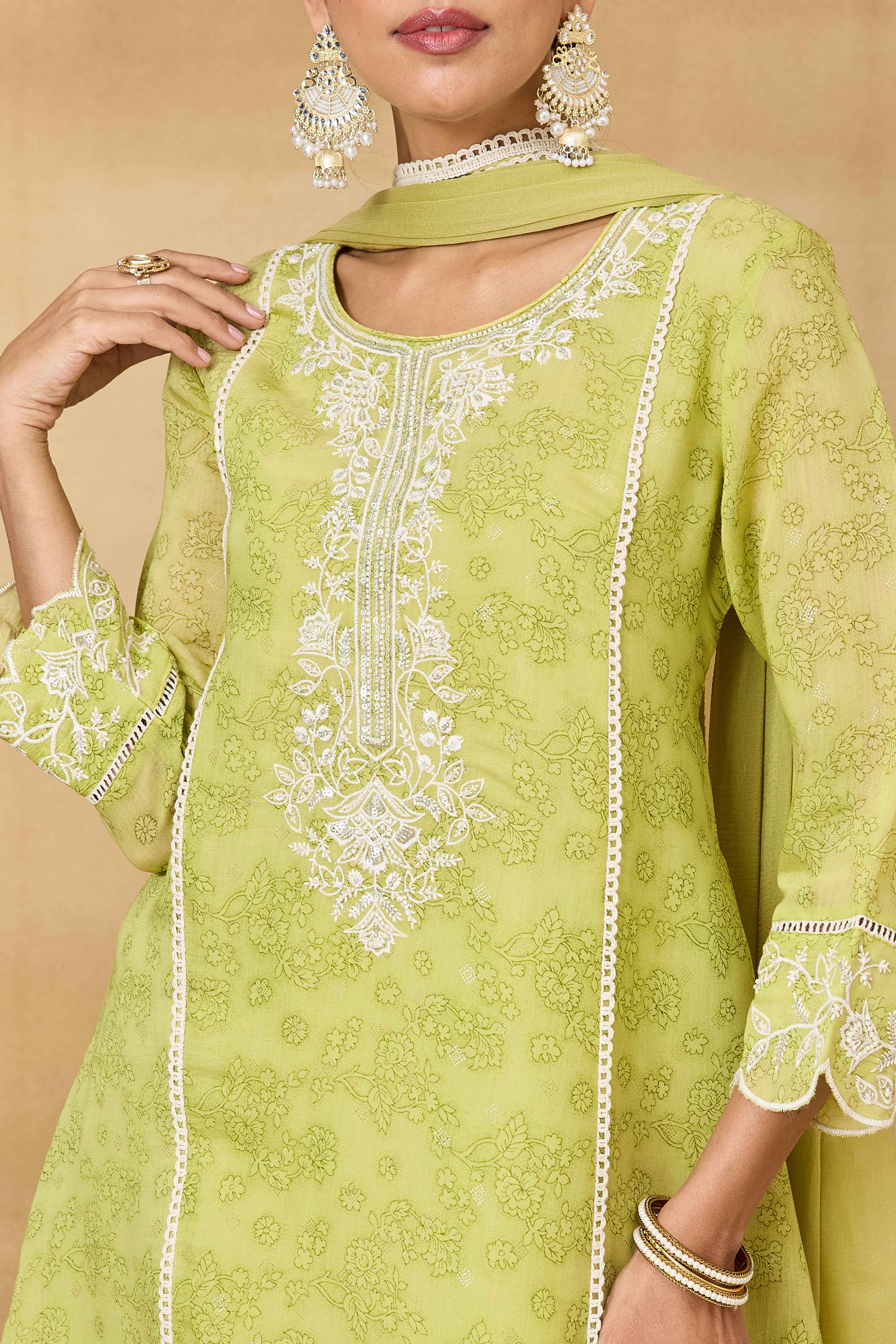 Light Green Polyester A-Line Printed Suit Set image number 1