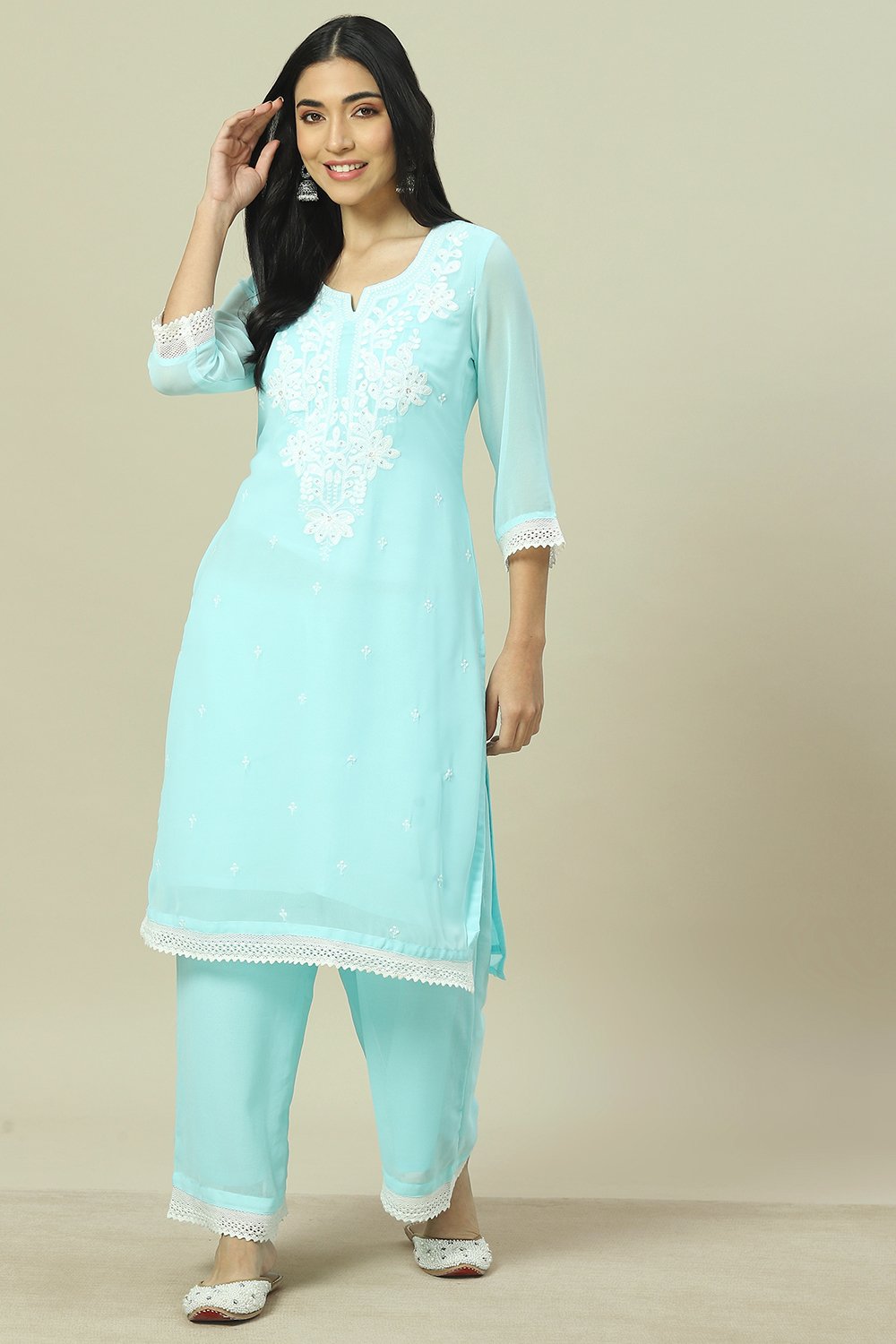 Sky Blue Cotton Blend Straight Kurta image number 5