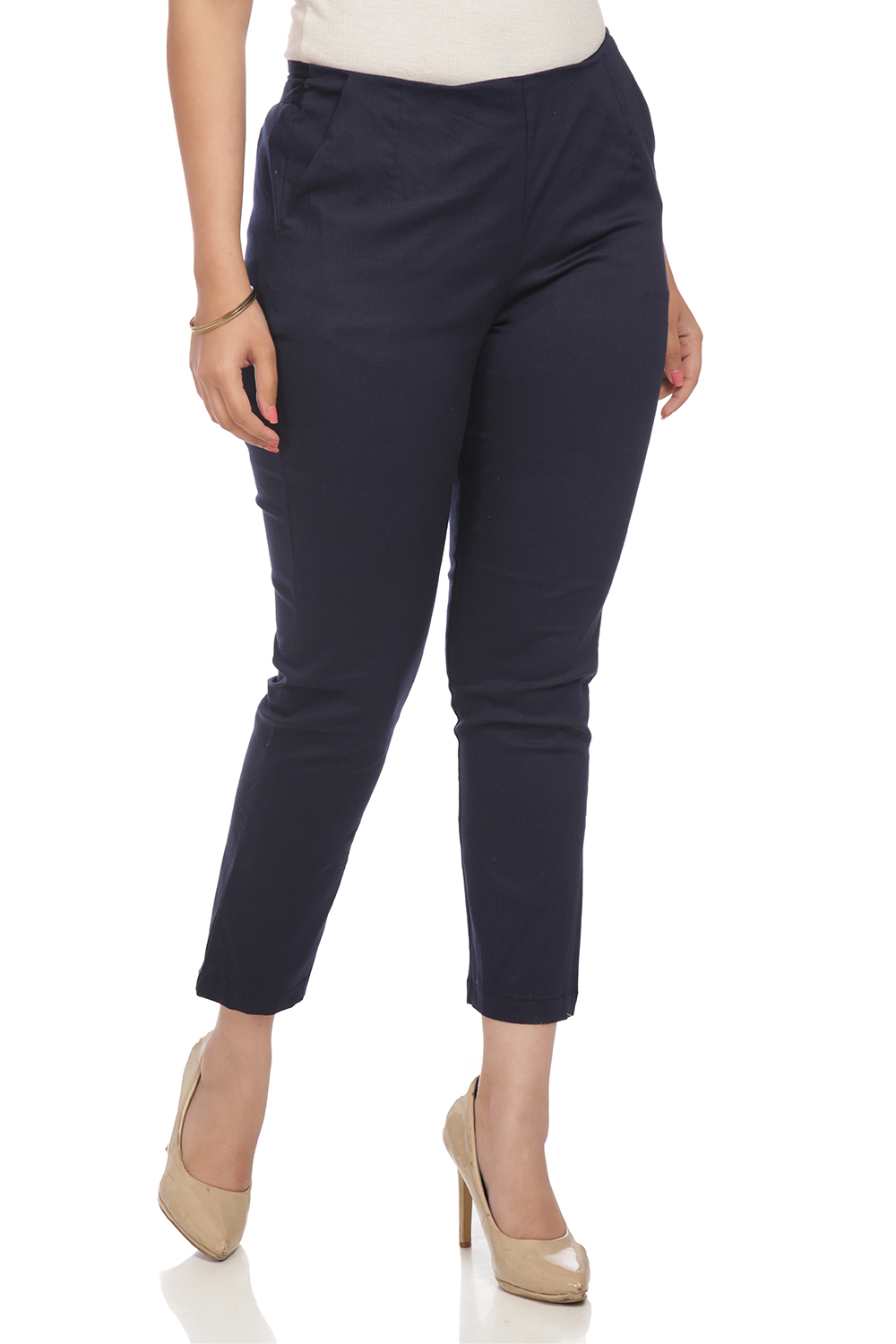 Navy-Blue Art Silk Slim Pants image number 2