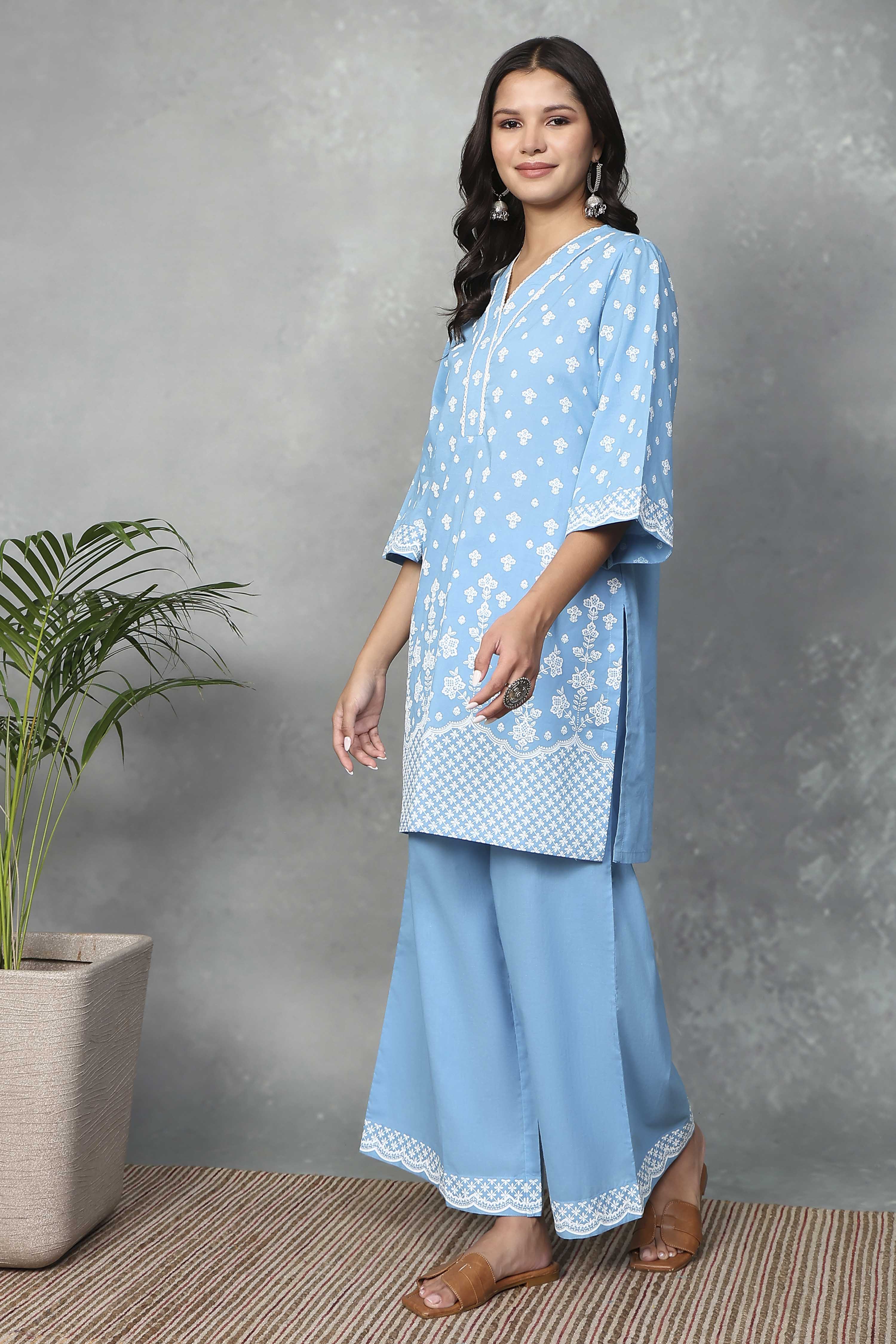 Blue Cotton Printed Kurta Palazzo Set image number 3