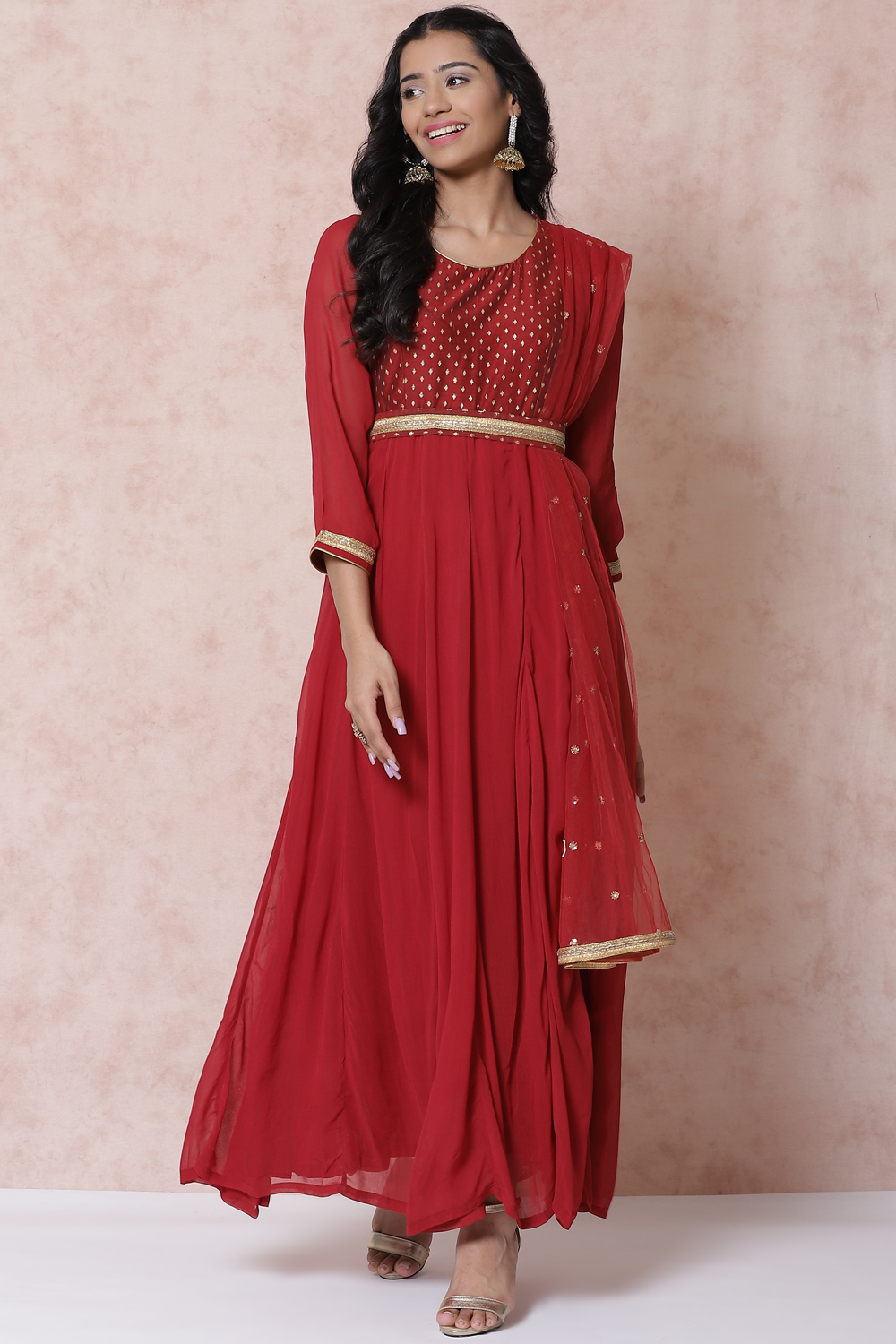 Red Polyester Georgette Kalidar Suit Set image number 3