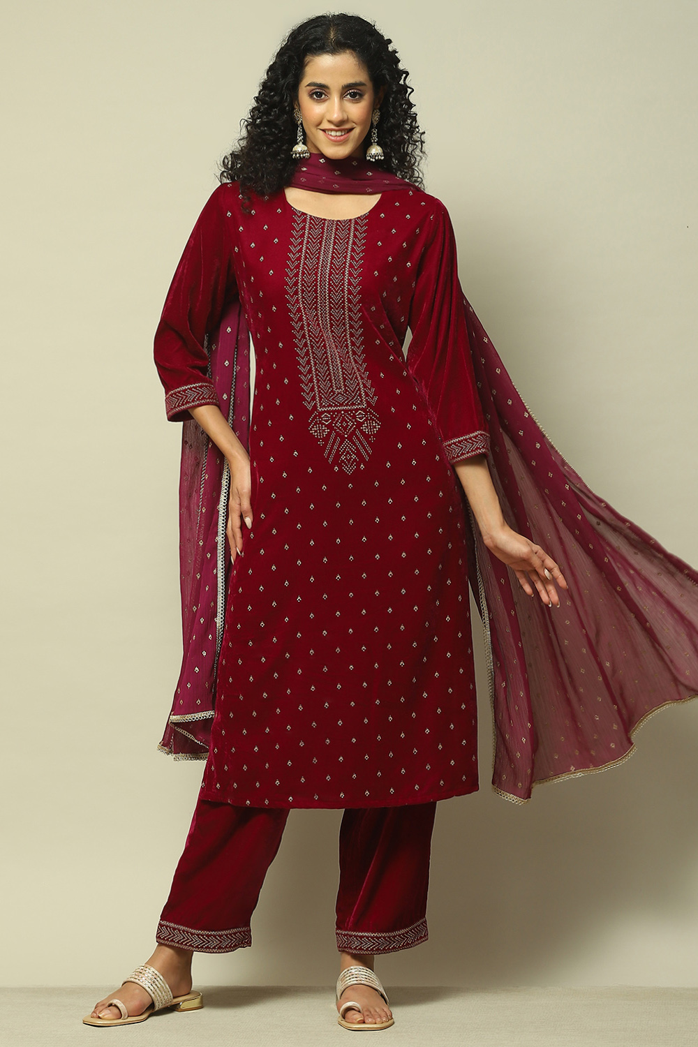 Wine Polyester Straight Printed Kurta Palazzo Suit Set image number 7