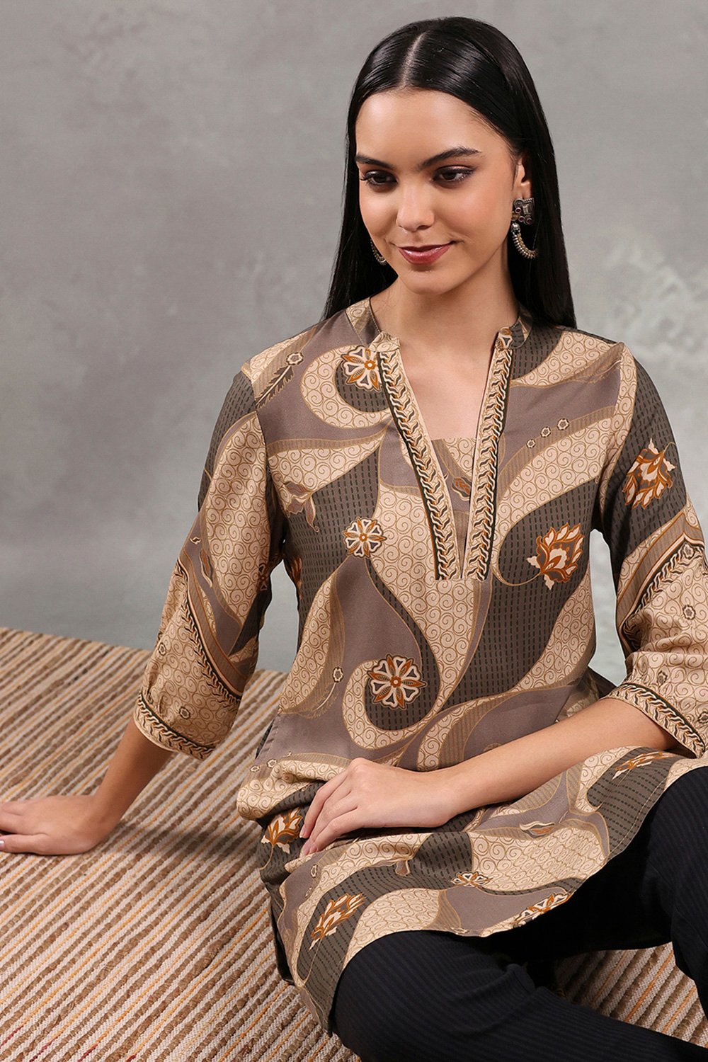 Ecru Viscose Rayon Printed Straight Kurta image number 0