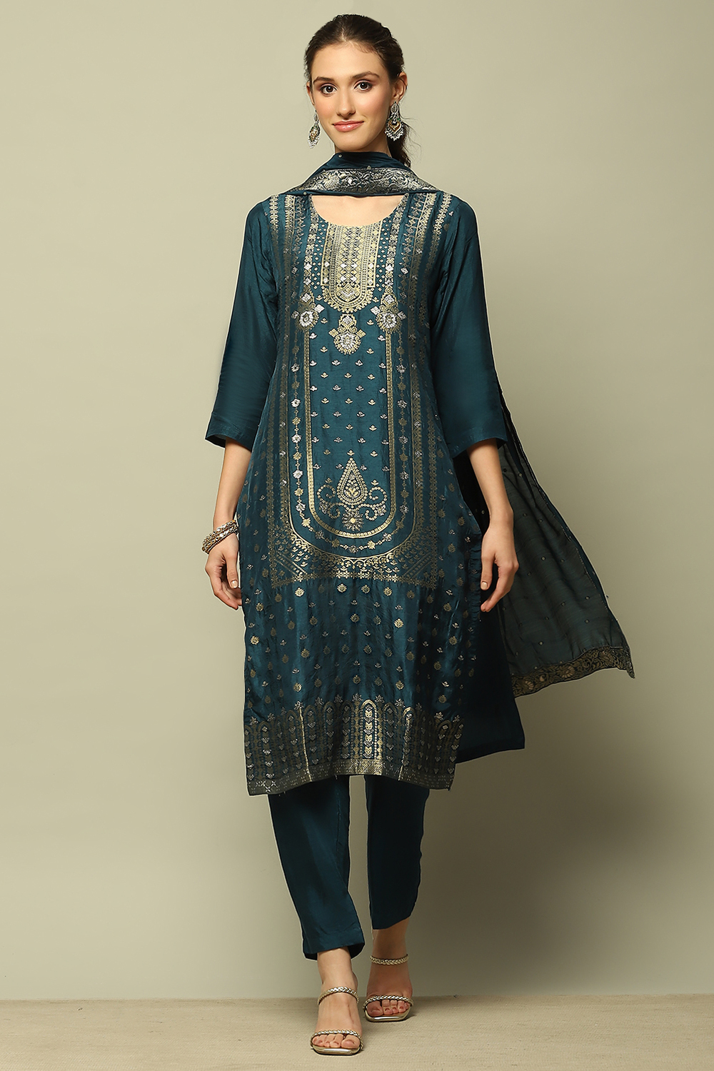 Blue Viscose Blend Straight Yarn Dyed Kurta Palazzo Suit Set image number 6