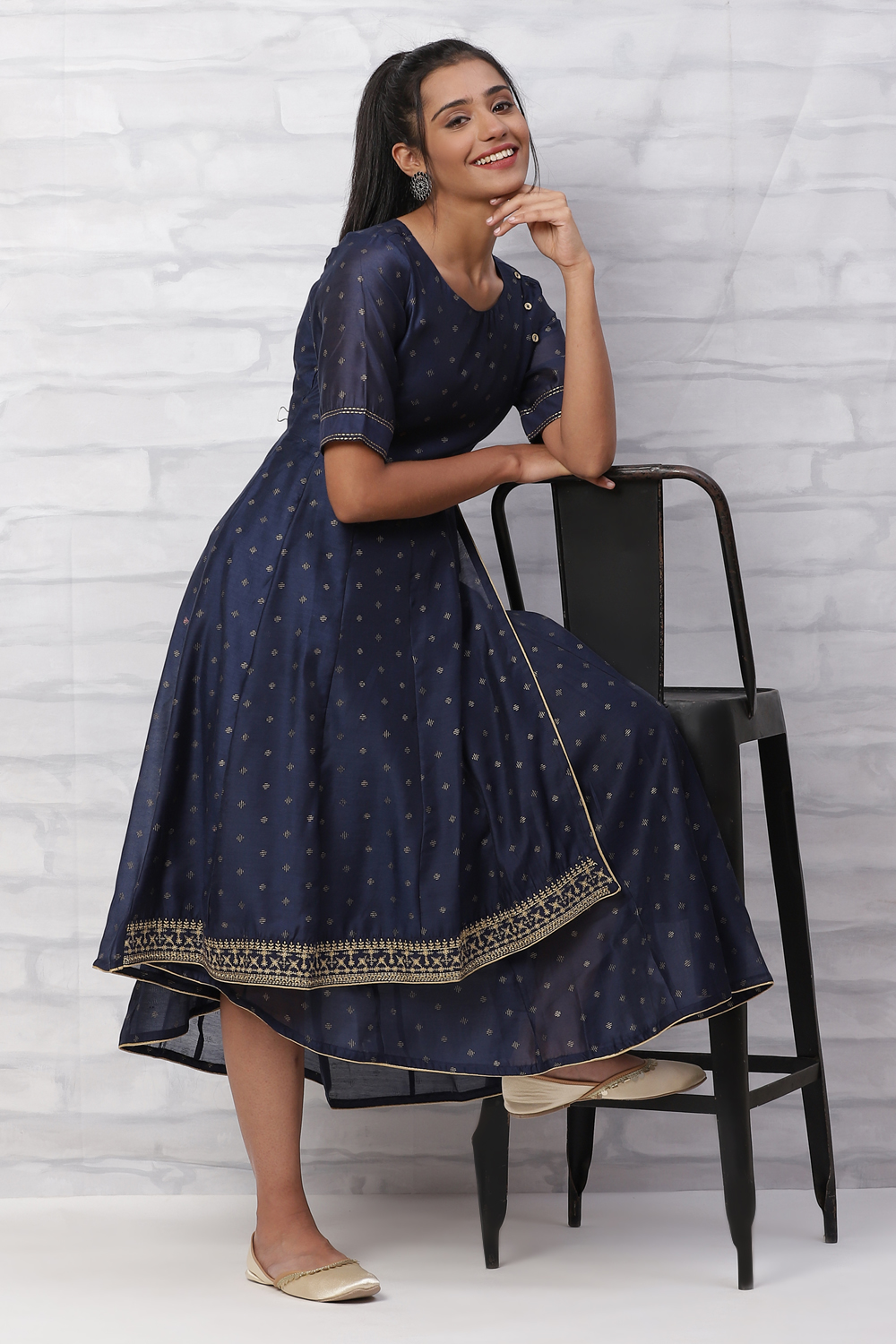 Navy Blue Polyester Chanderi Kalidar Dress image number 0