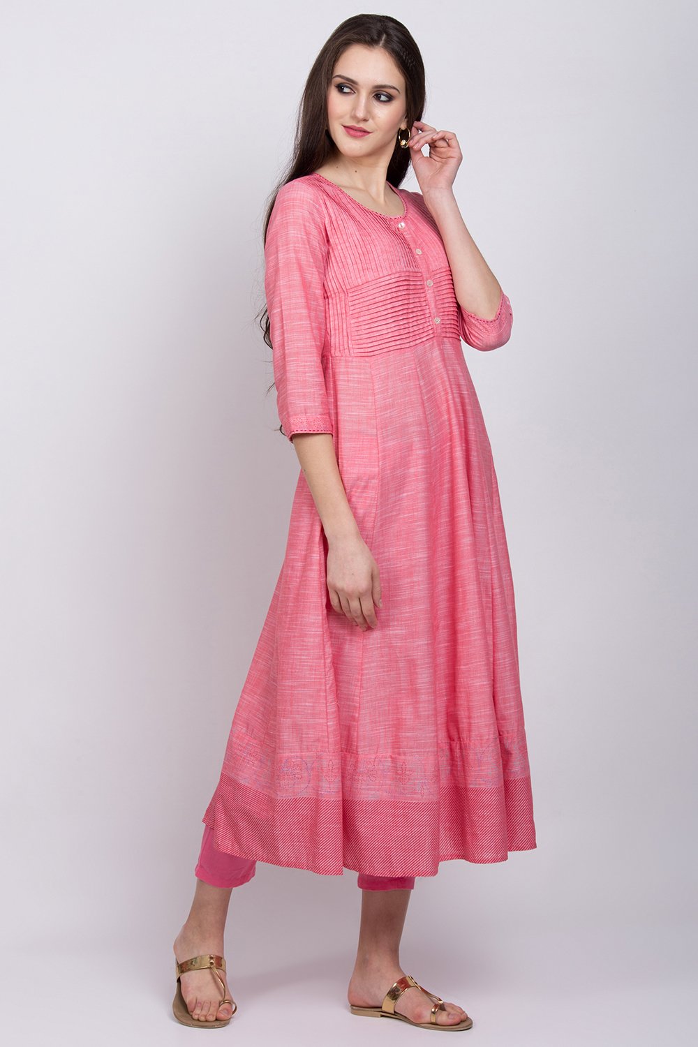 Pink Cotton Anarkali Kurta image number 3