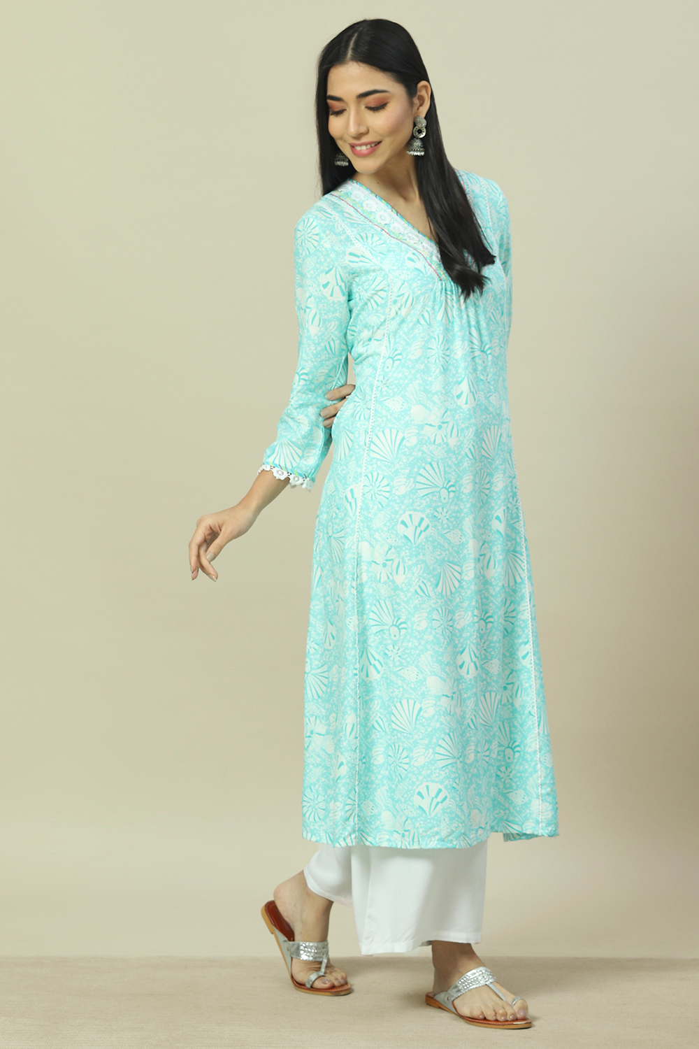 Sea Green LIVA Straight Kurta image number 3