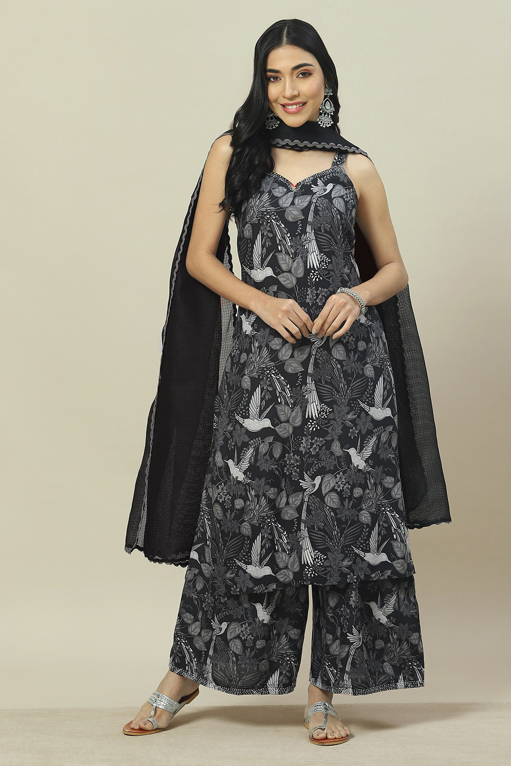 Black Viscose Woven Straight Kurta Suit Set image number 7