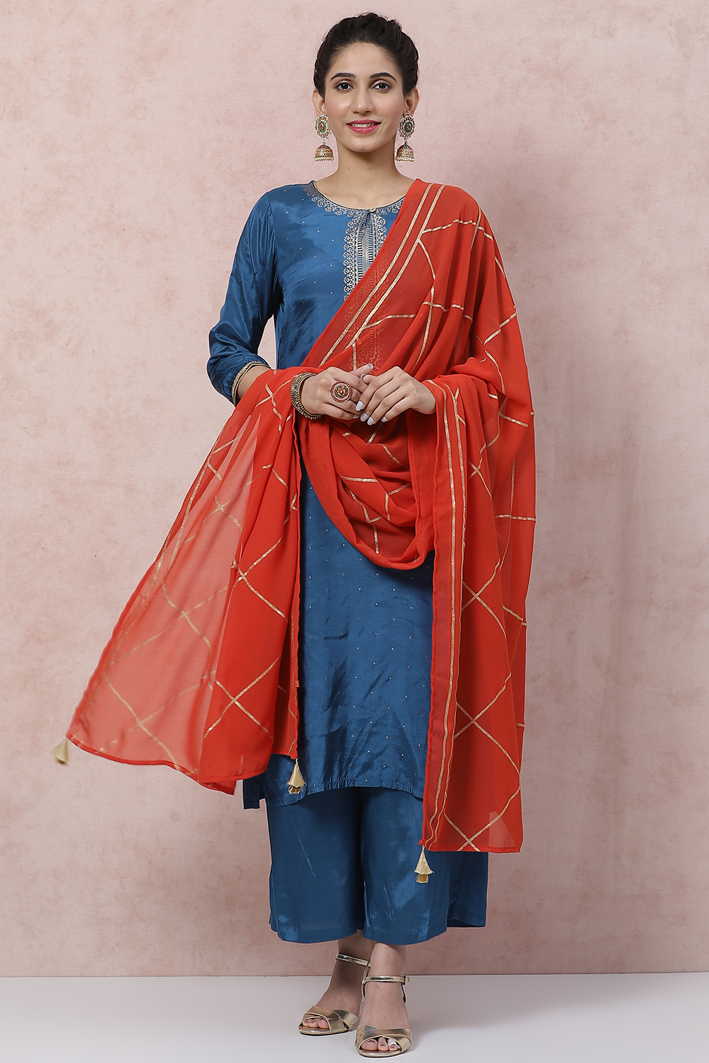 Teal Blue Viscose Straight Suit Set image number 0