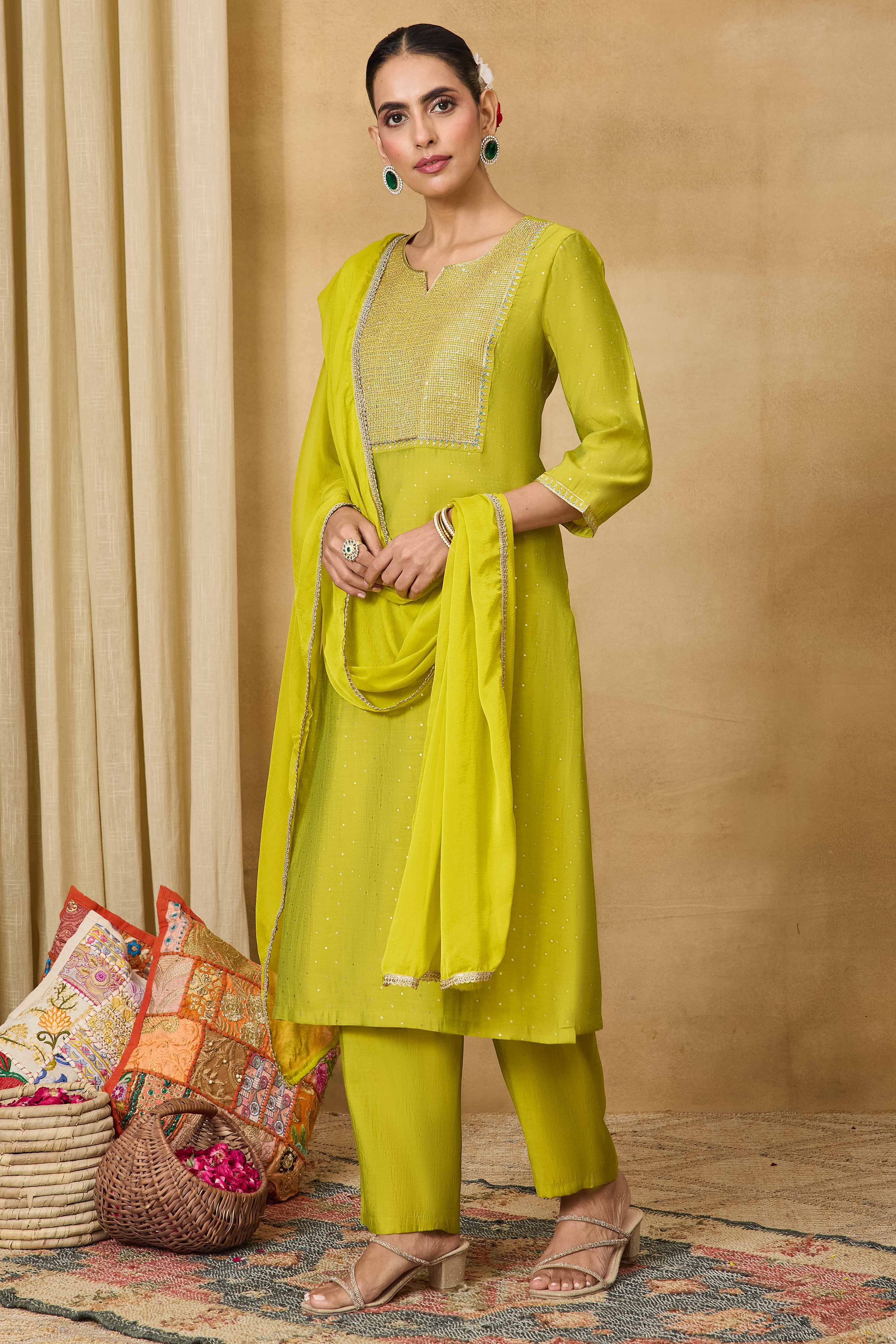 Lime Viscose Blend Straight Printed Suit Set image number 6