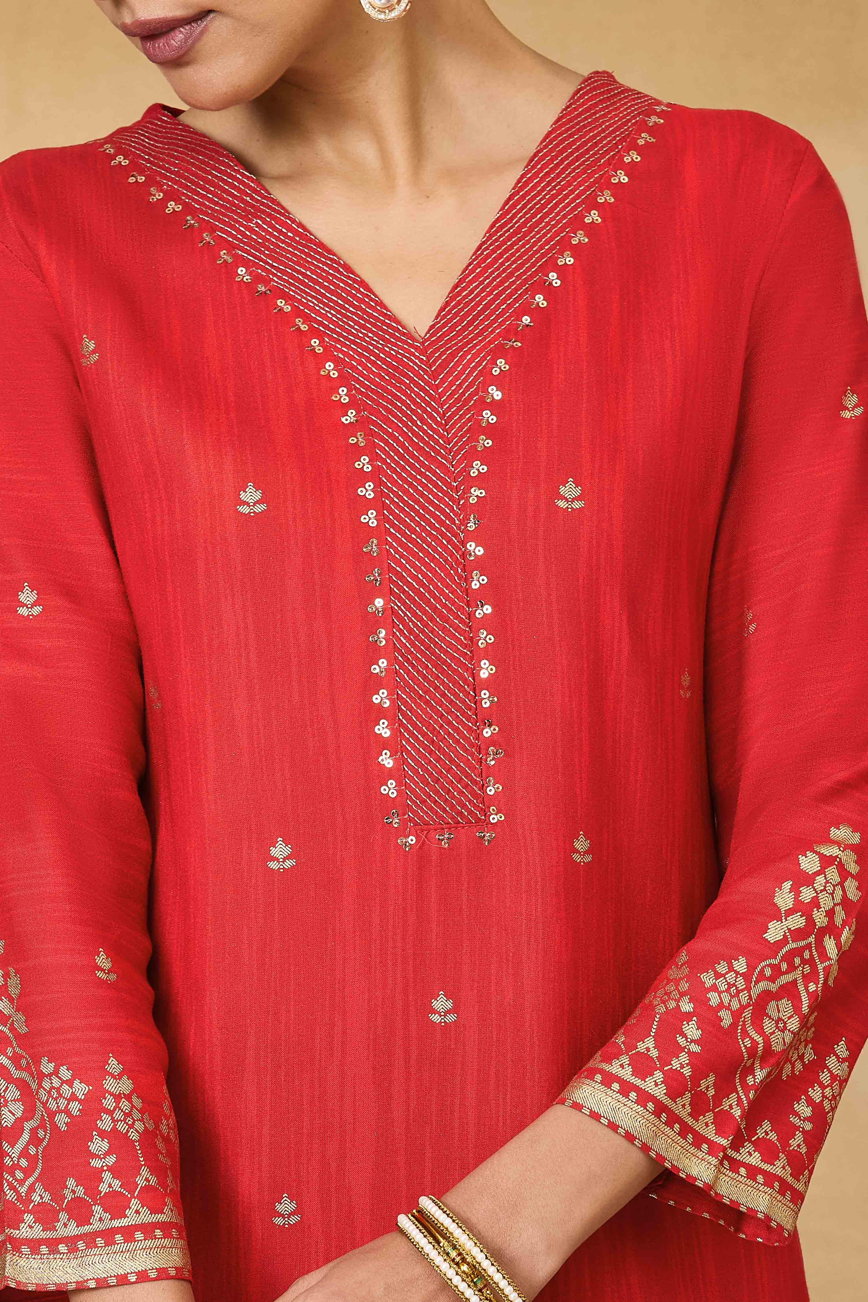 Red Viscose Rayon Straight Printed Kurta Pants Set image number 1