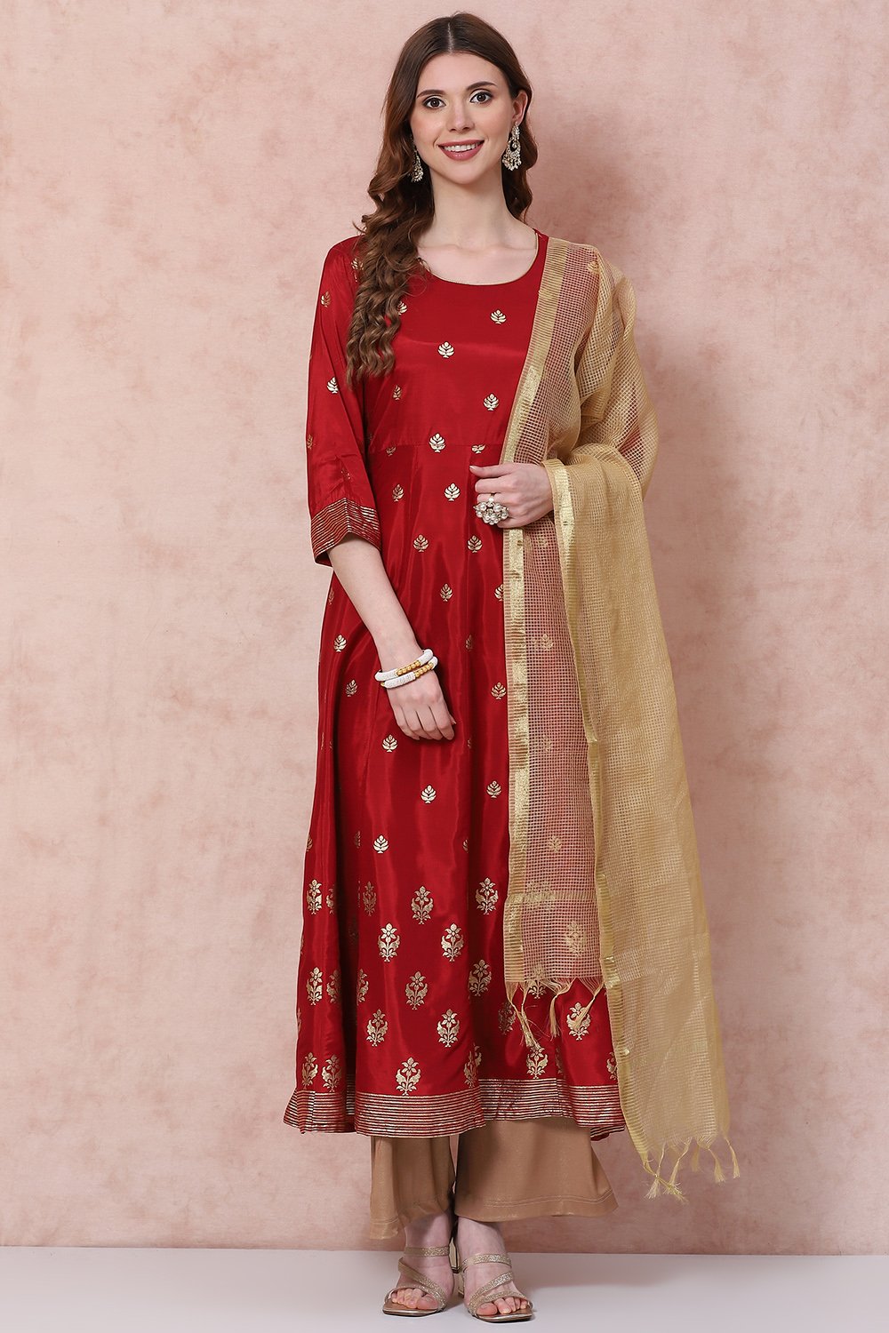 Maroon Kalidar Printed Suit Set image number 0