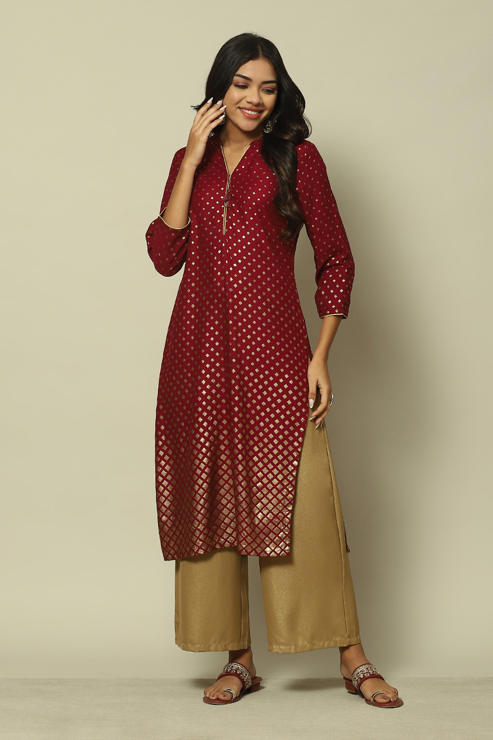 Maroon LIVA Straight Printed Kurta image number 0