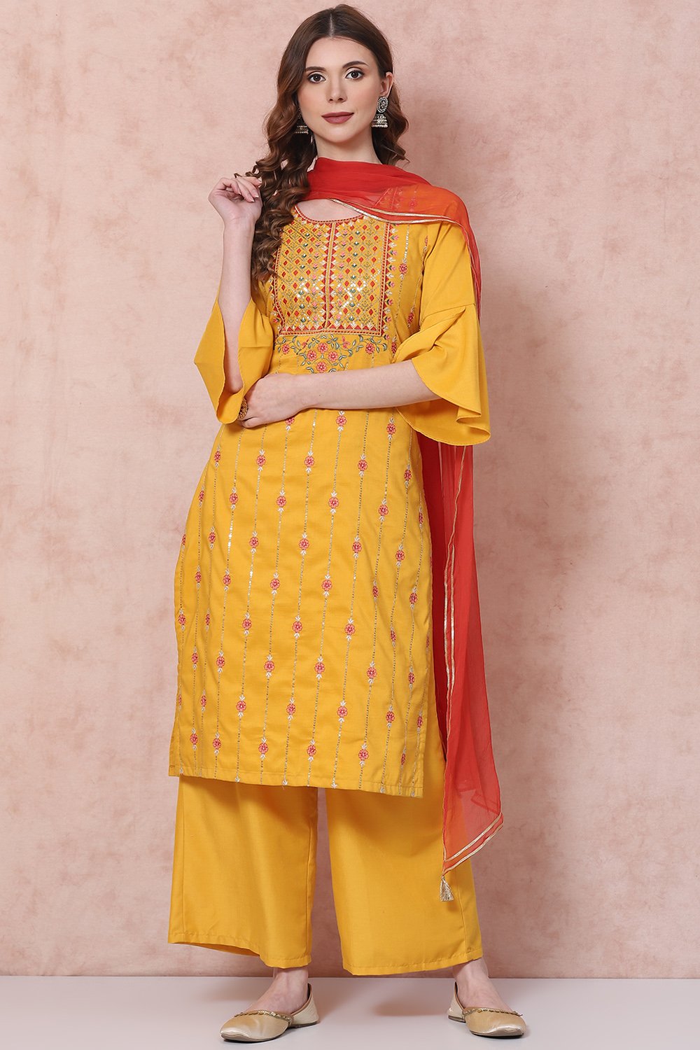 Mustard Art Silk Straight Suit Set image number 0