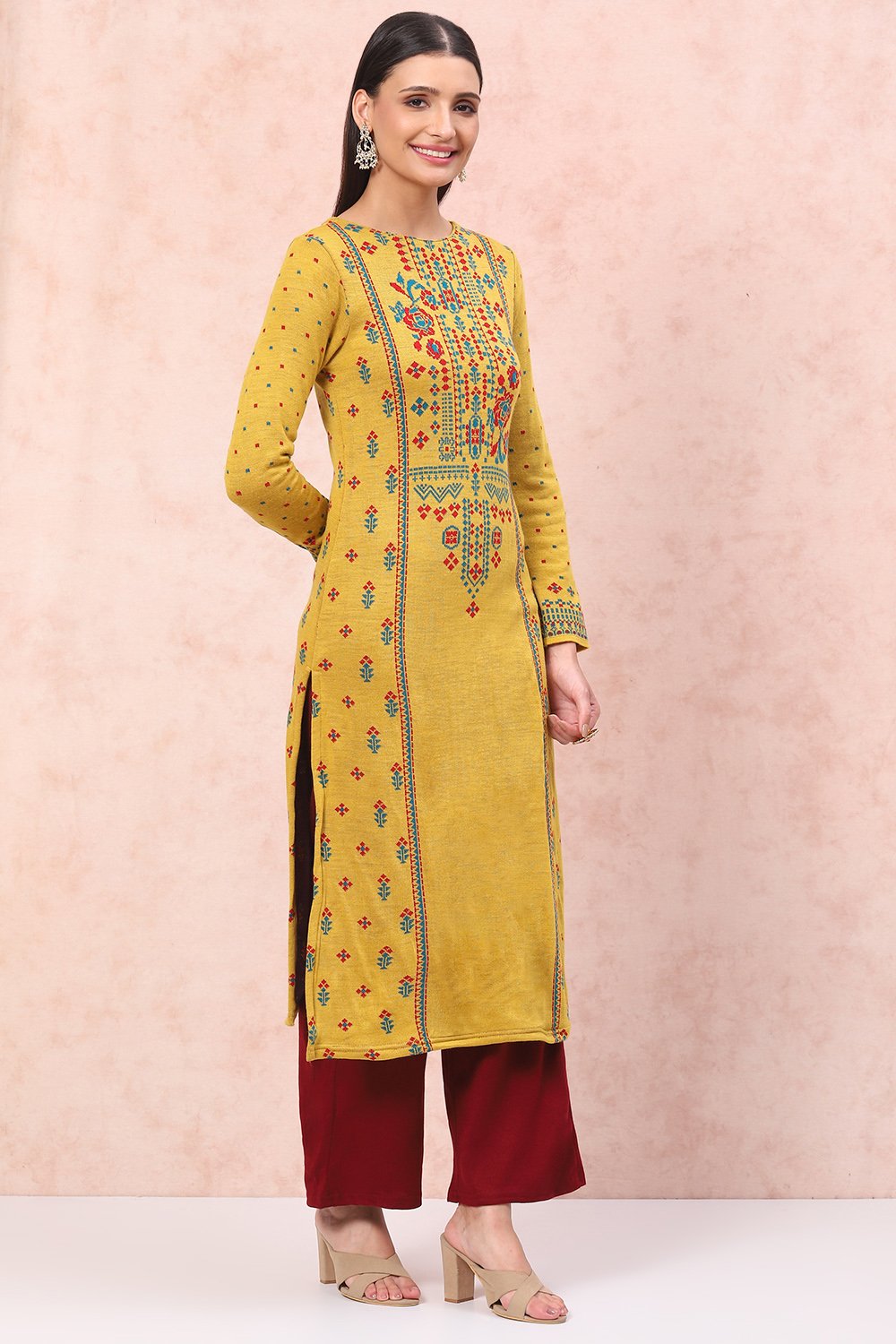 Mustard Acrylic Straight Kurta image number 0