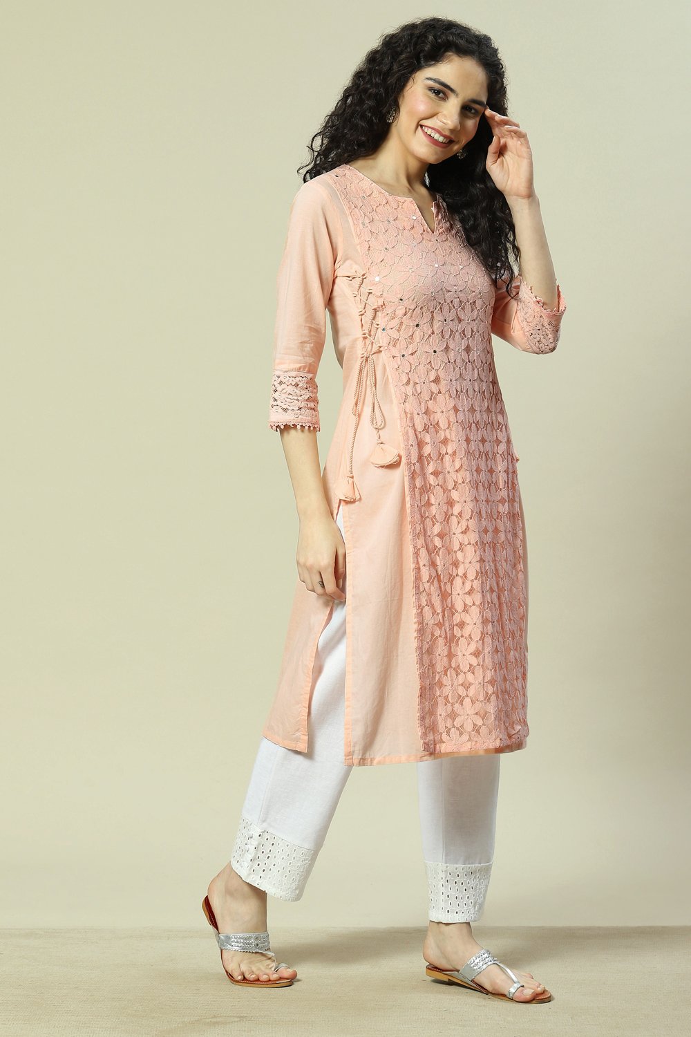 Peach Cotton Straight Kurta image number 3