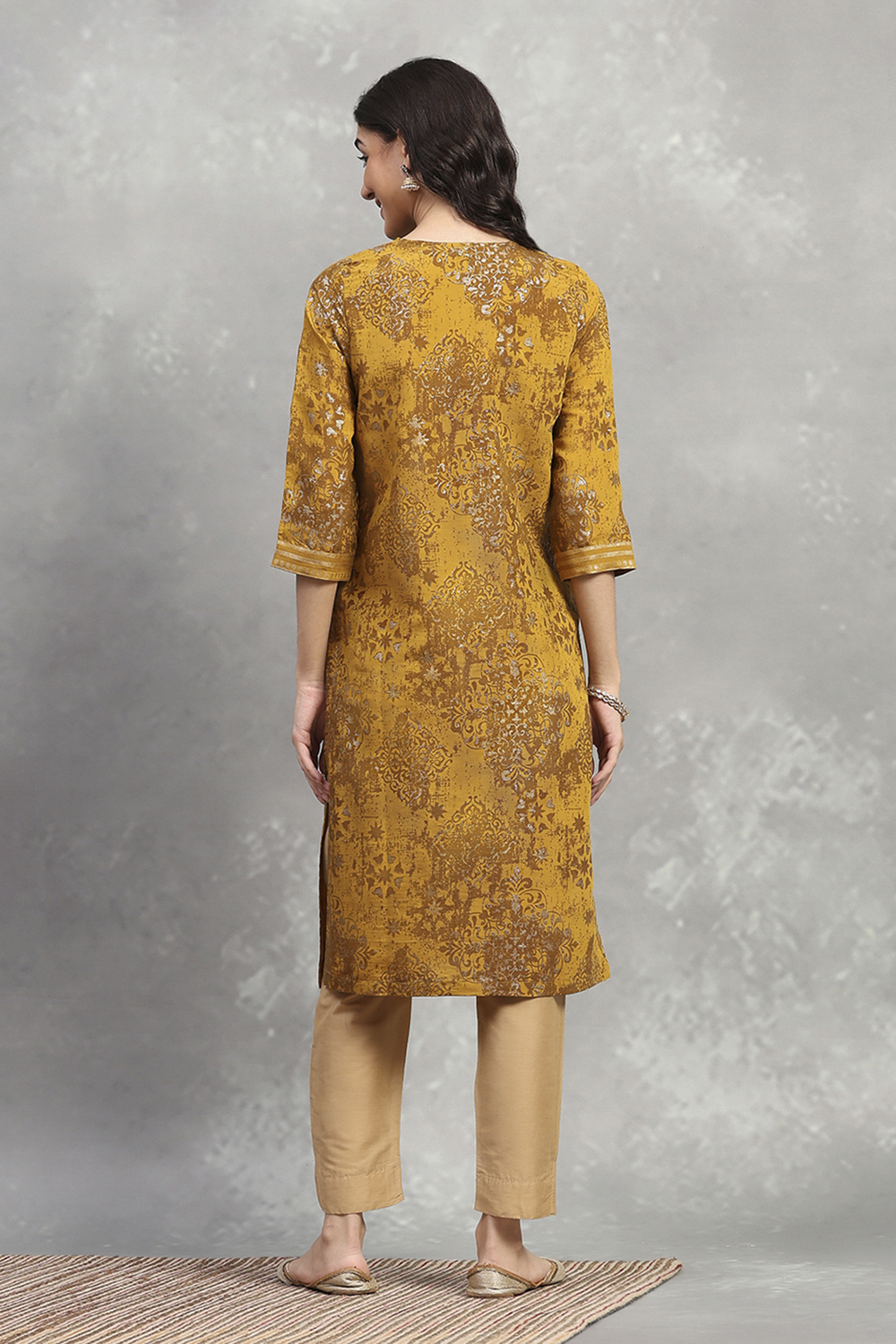 Yellow Viscose Blend Printed Straight Kurta image number 3