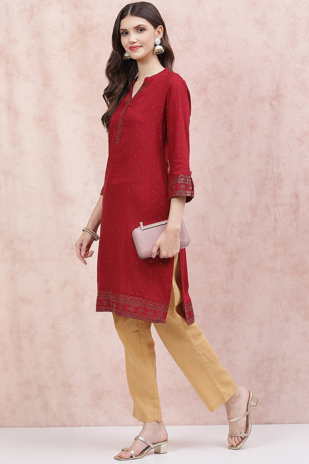 Maroon LIVA Straight Kurta image number 5