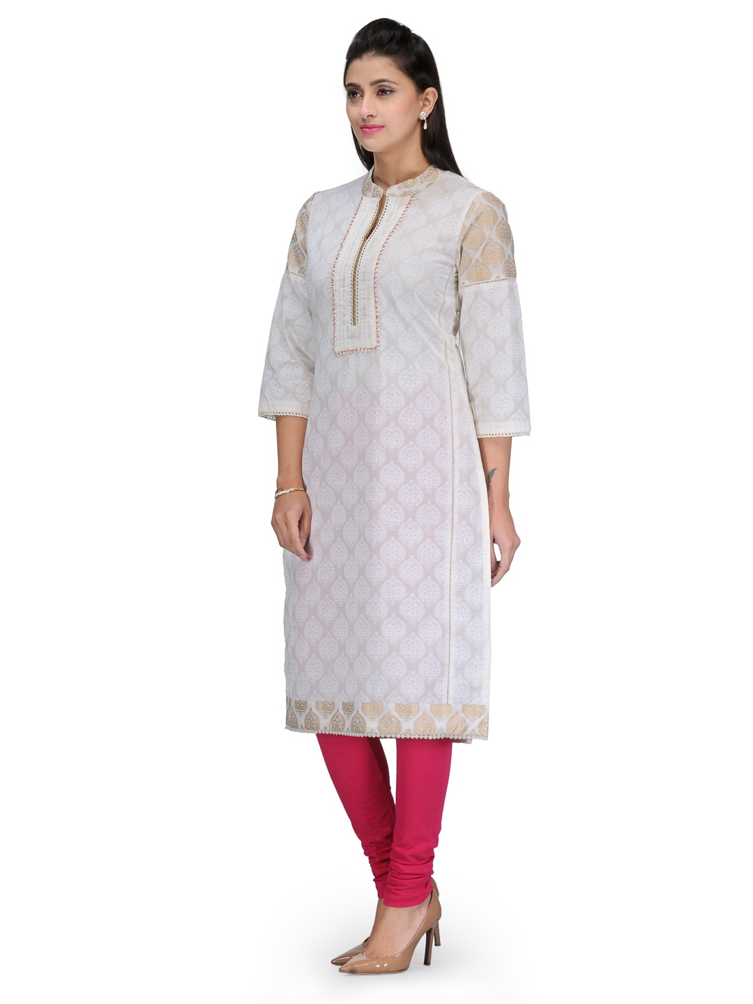 Off White Cotton Straight Kurta image number 2