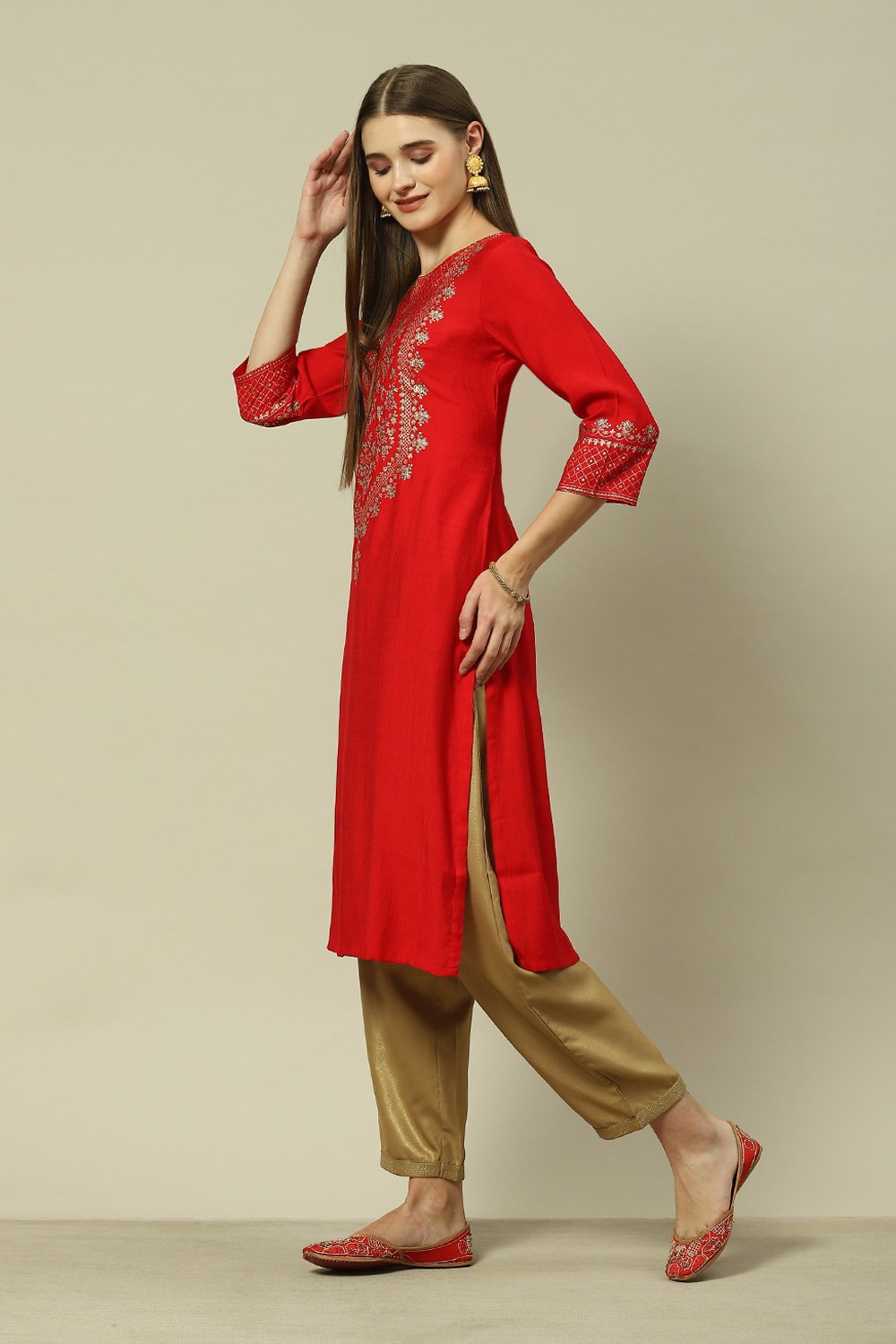 Red LIVA Straight Printed Kurta image number 2