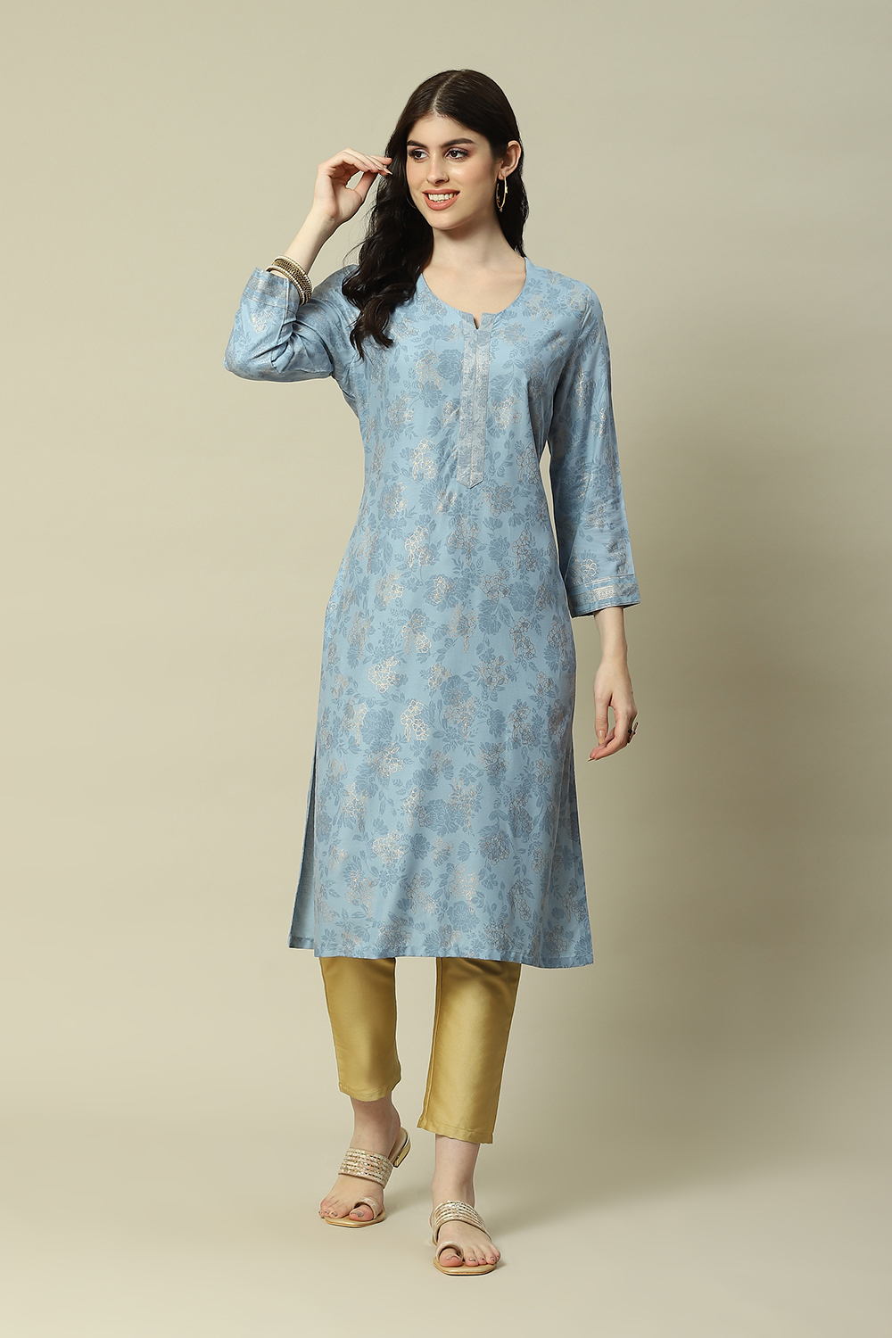 Blue LIVA Straight Printed Kurta image number 5