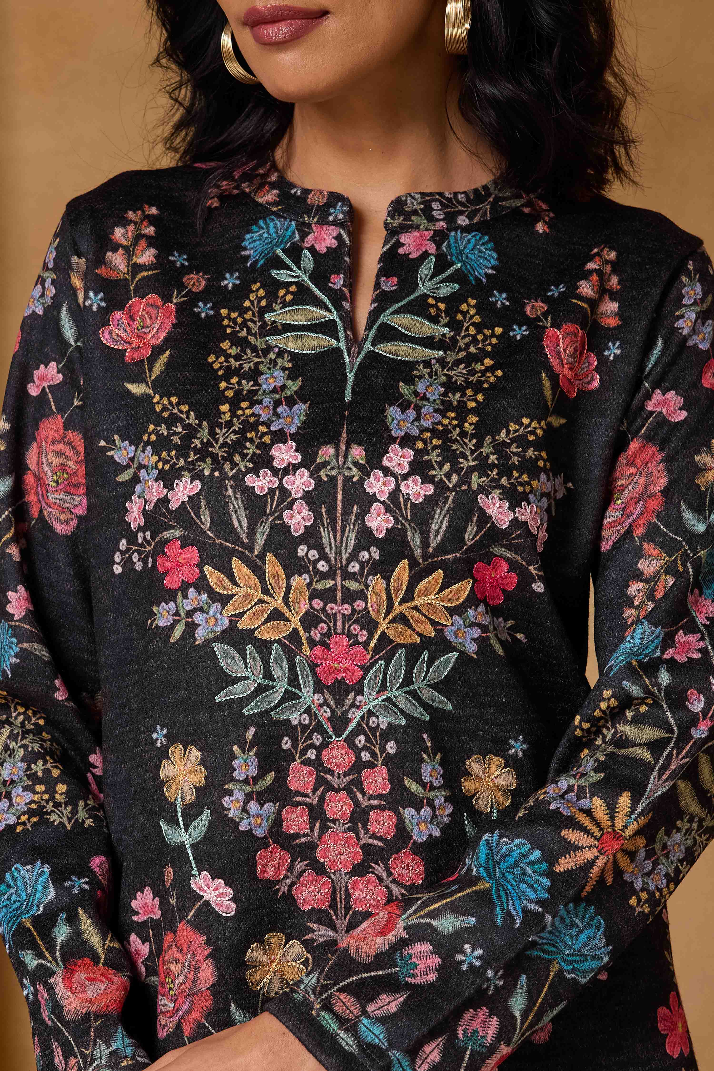Black Floral Printed Straight Kurta Set image number 1