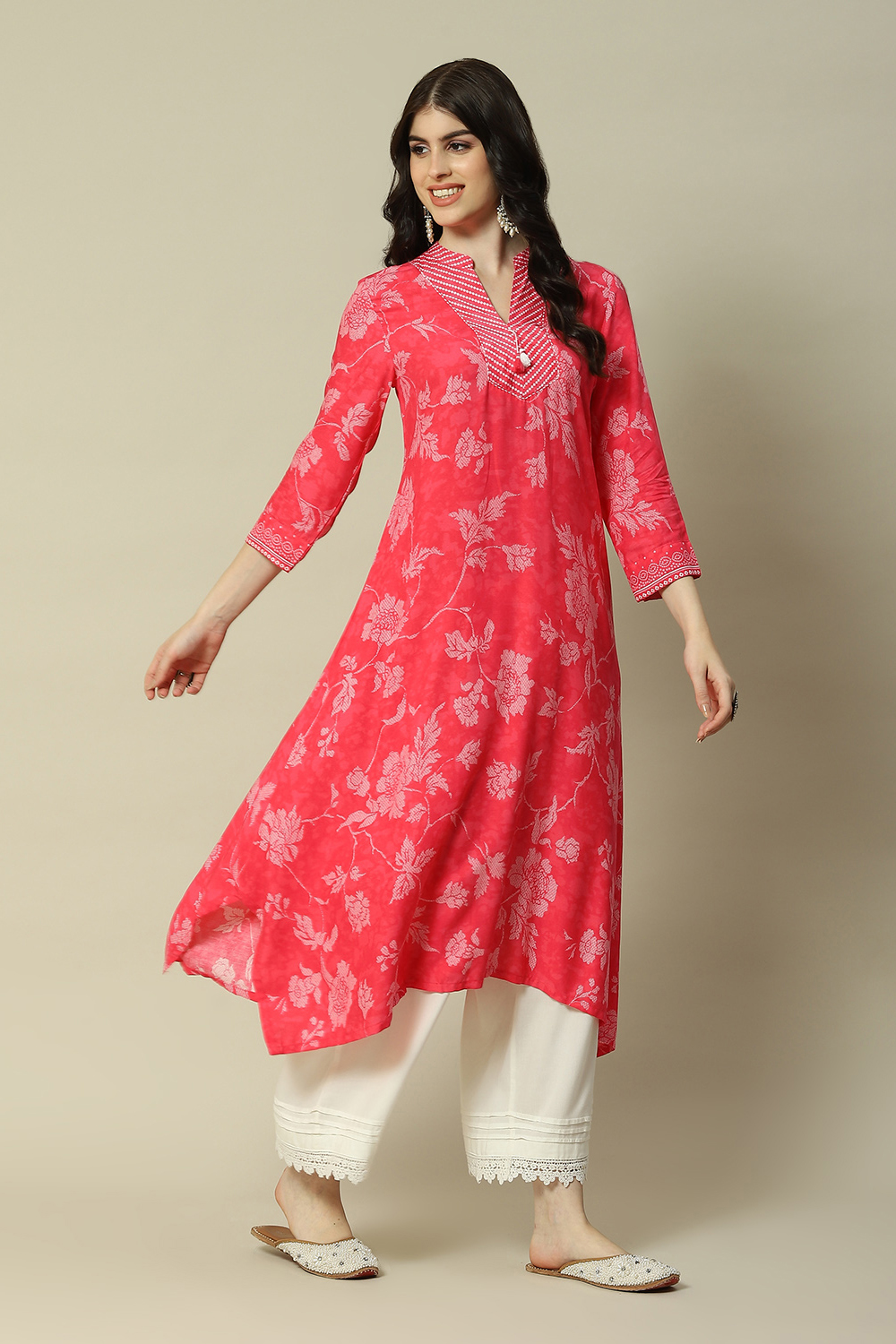 Pink LIVA Straight Printed Kurta image number 3