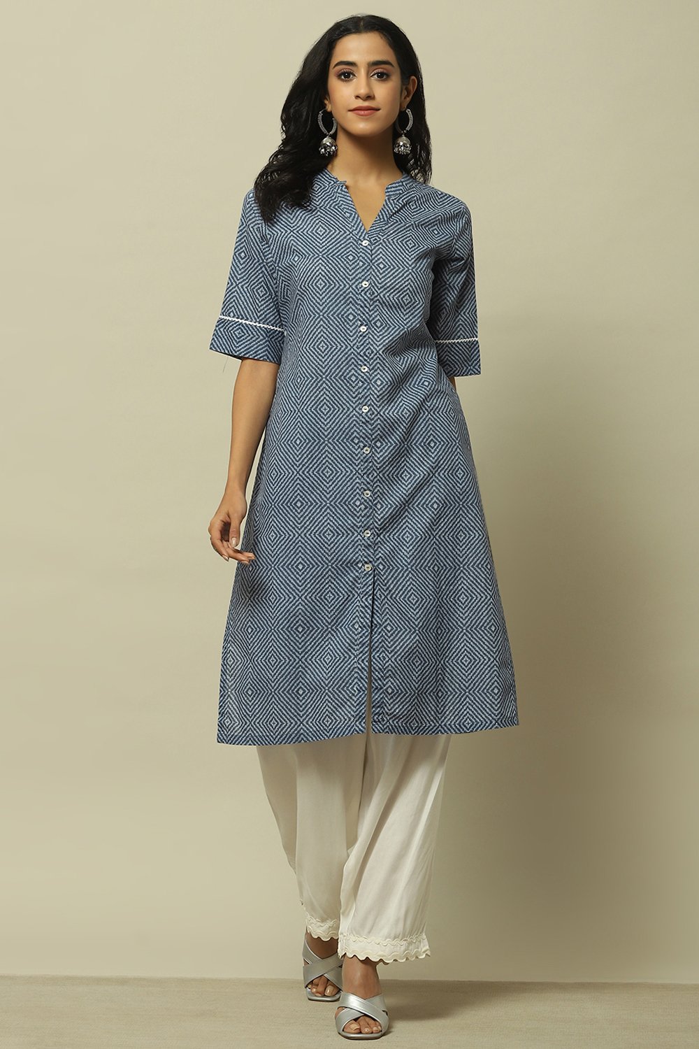 Indigo Blue Cambric Zig-Zag Printed Straight Kurta image number 5