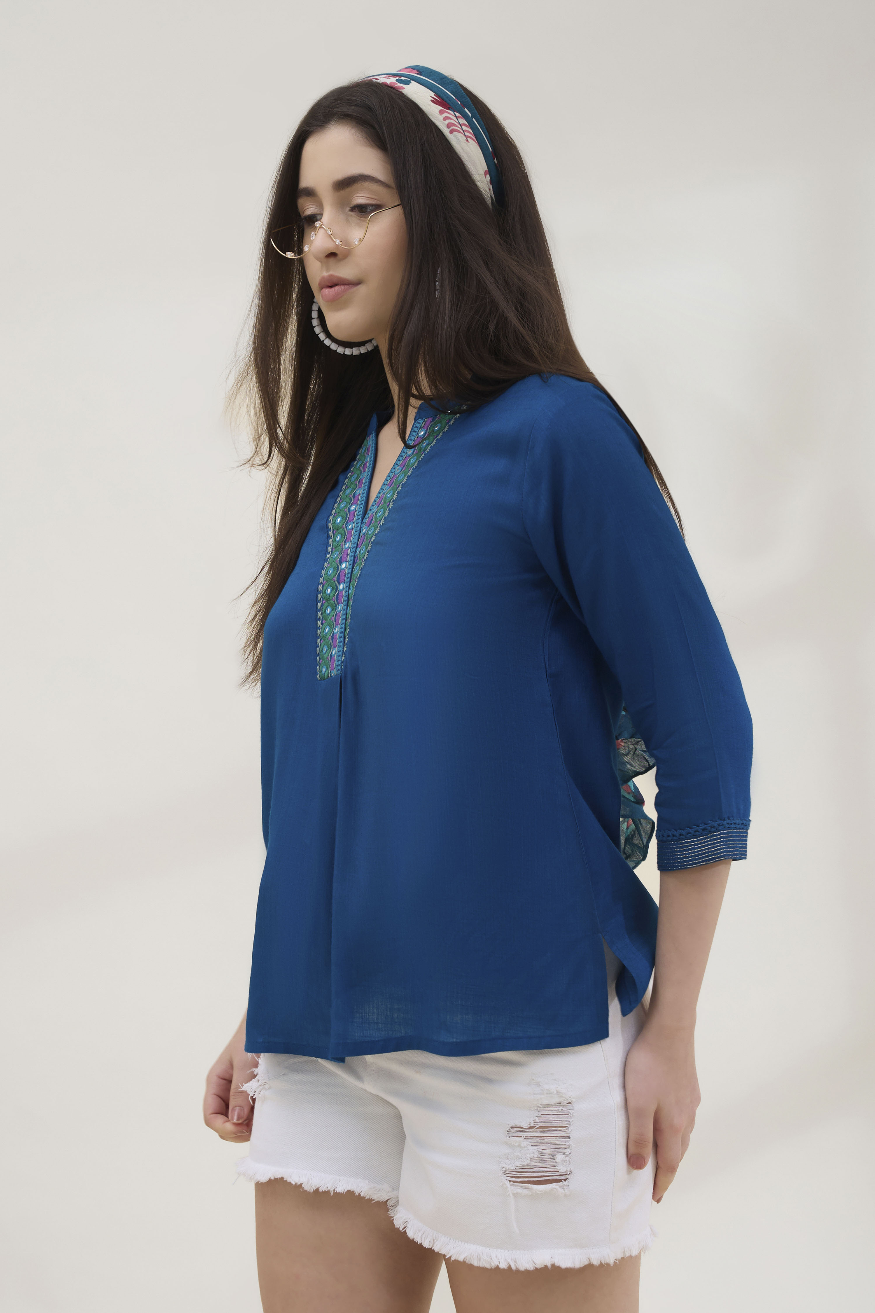 Blue Viscose Rayon Straight Solid Top image number 2
