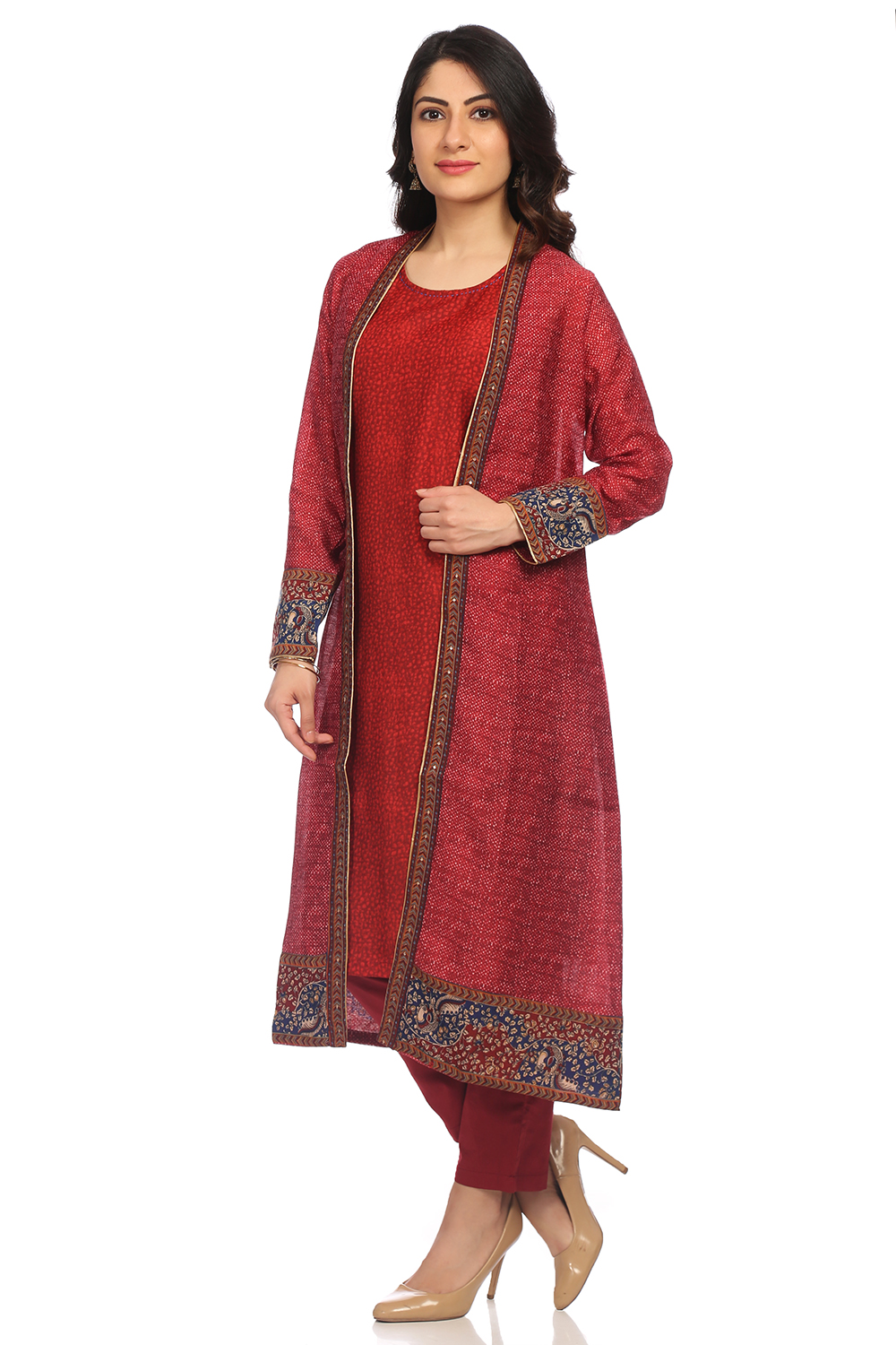 Maroon Front Open Poly Chanderi Suit Set image number 3