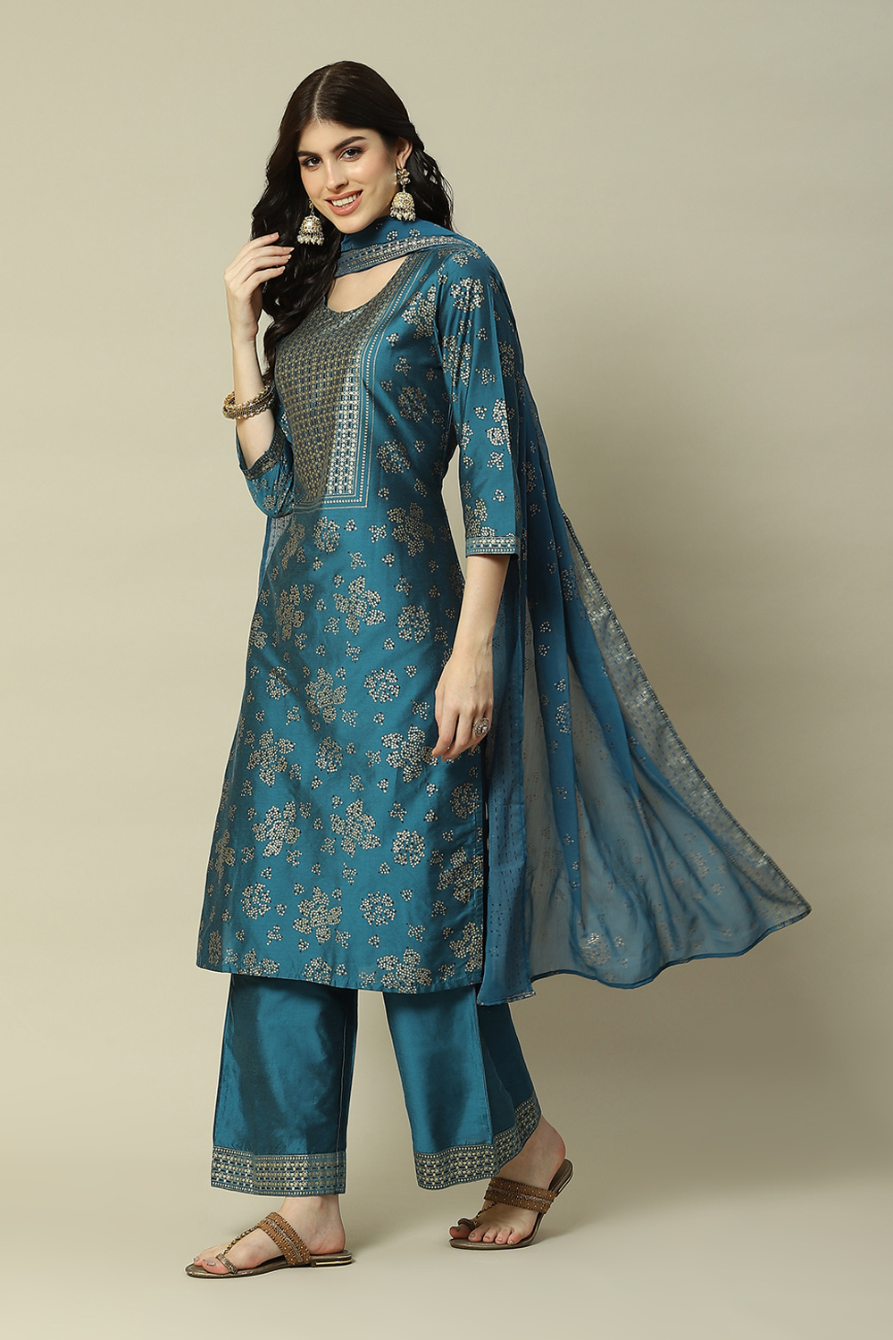 Buy Teal Blue LIVA Straight Printed Suit Set 3N by Rangriti