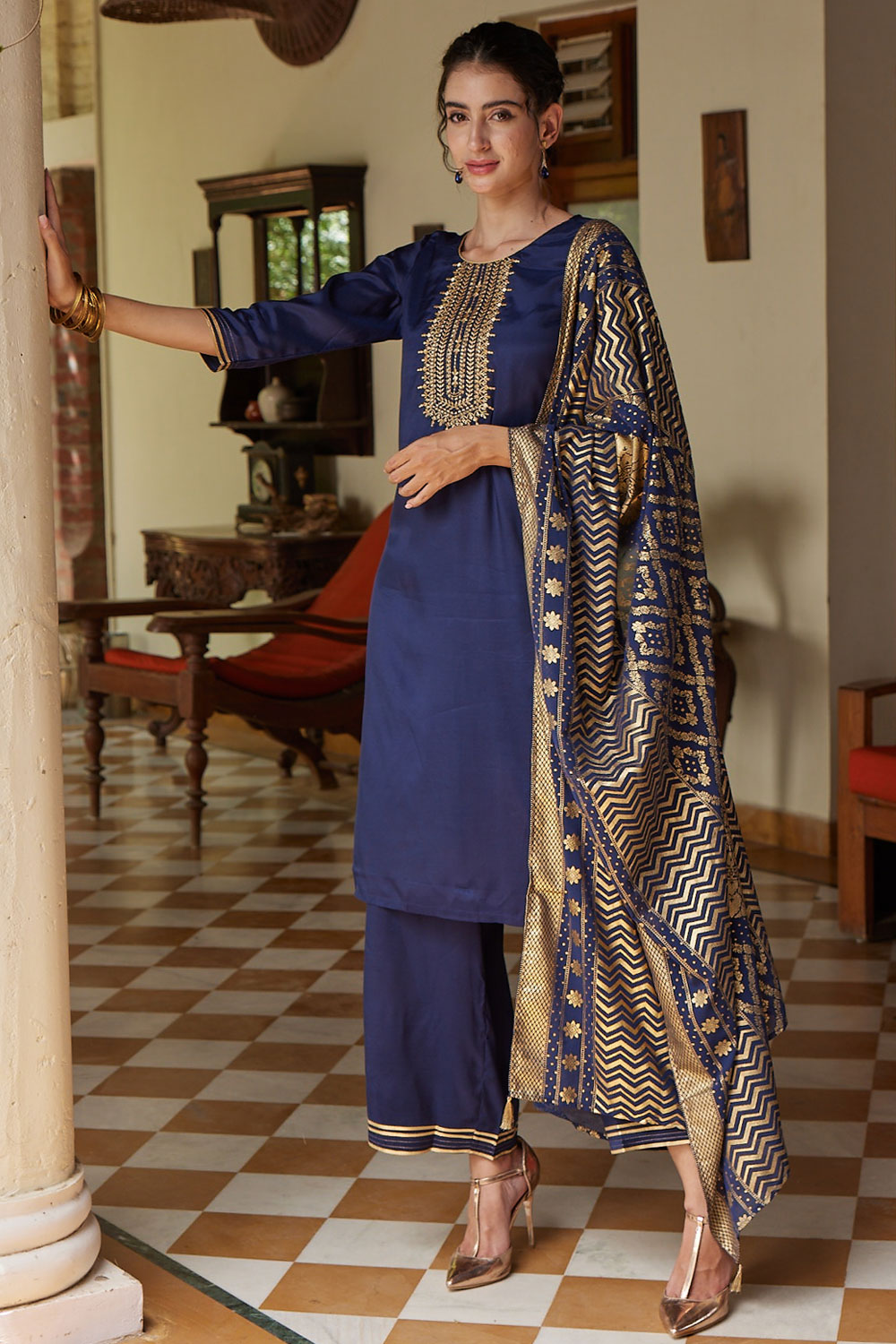 Blue Viscose Straight Suit Set image number 0