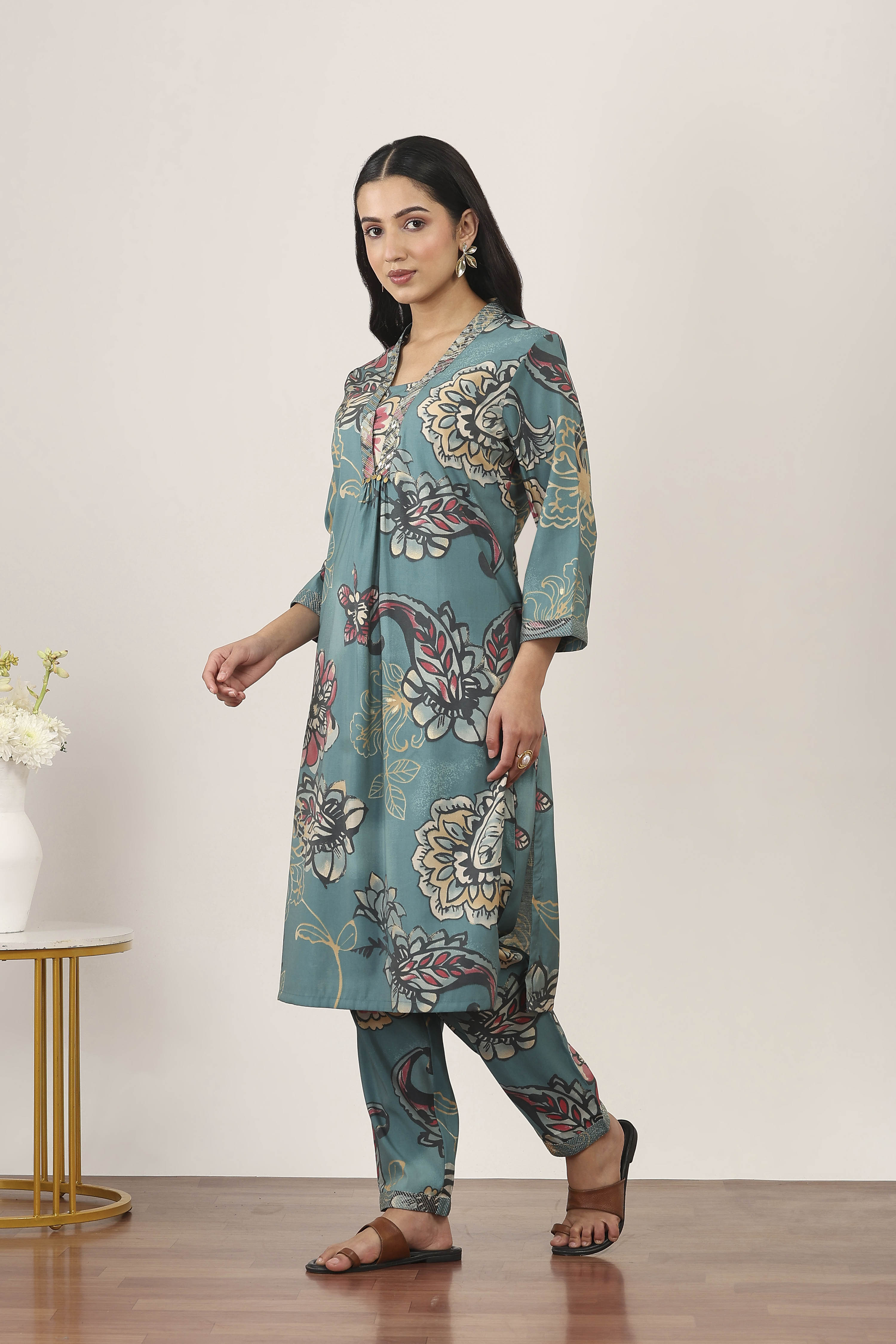 Orange Viscose Polyester Viscose Rayon Kurta Pants Set image number 3