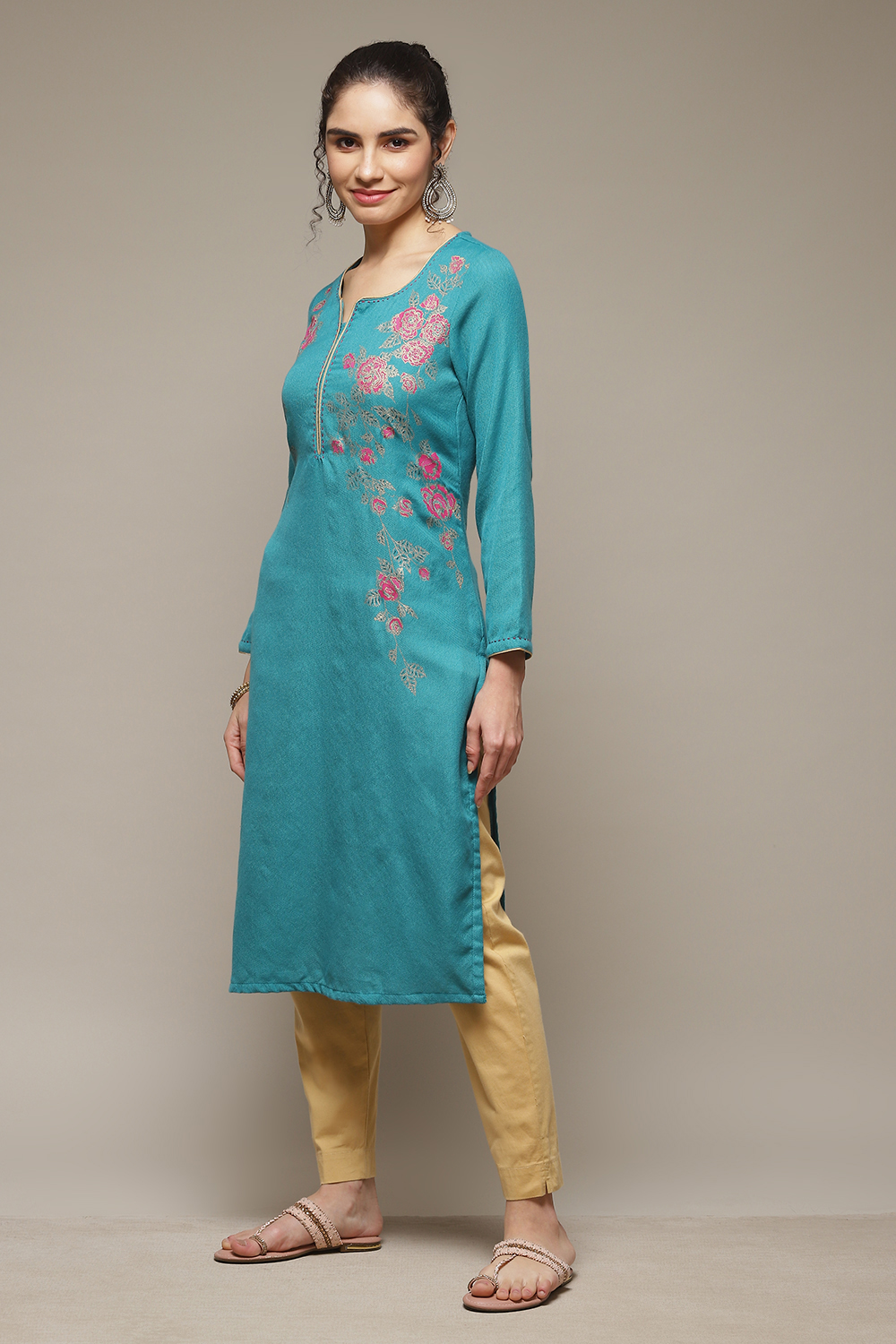 Teal Green Acrylic Straight Kurta image number 3