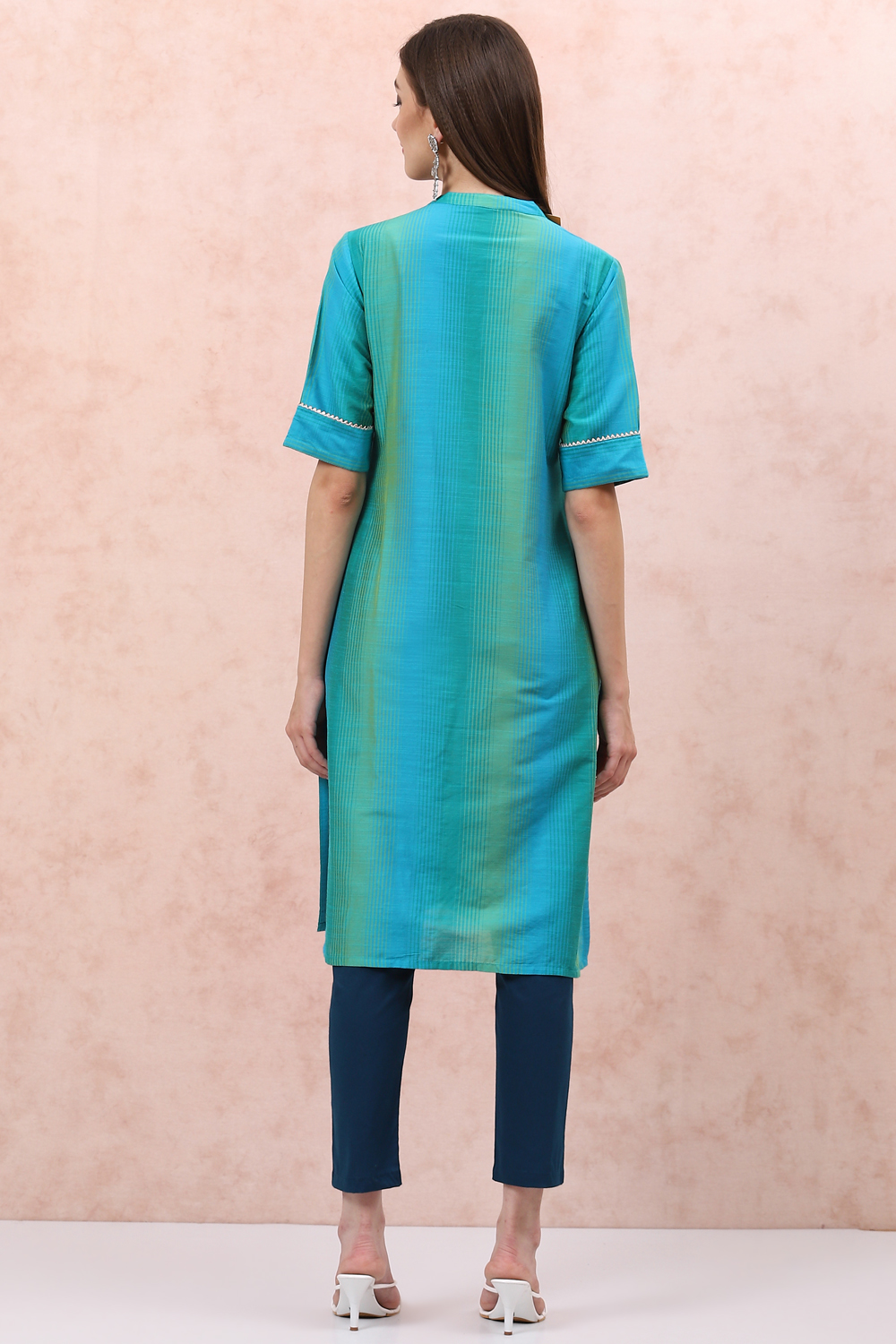 Turquoise Art Silk Straight Kurta image number 4