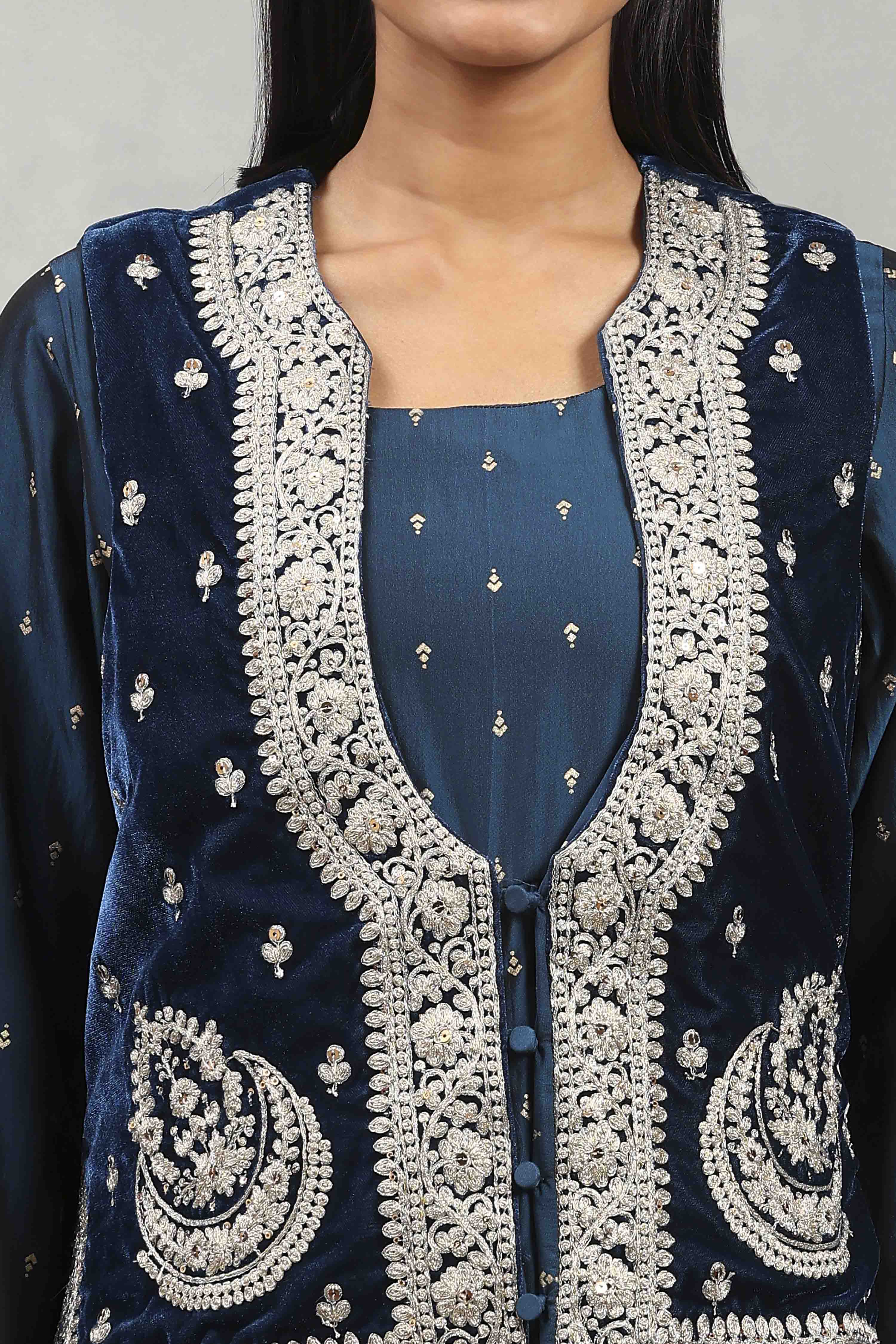Blue Polyester Blend Printed Kalidar Dress image number 1