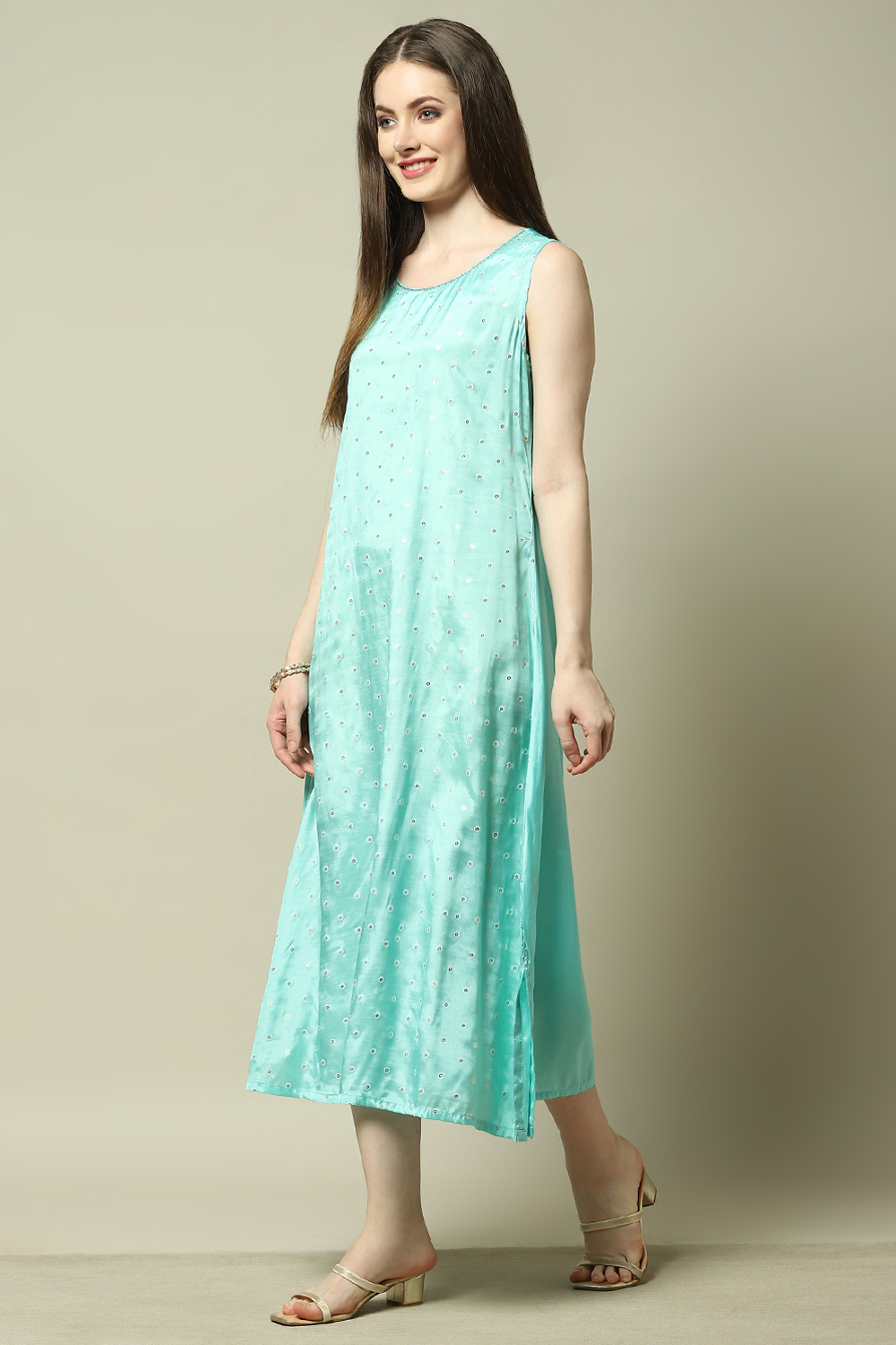 Blue Viscose Shantoon Printed A-line Dress image number 6