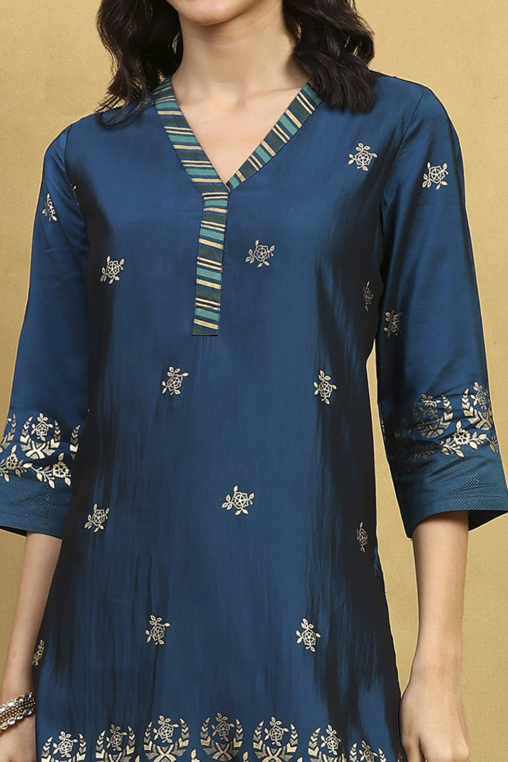 Blue Art Silk Printed Straight Kurta image number 1