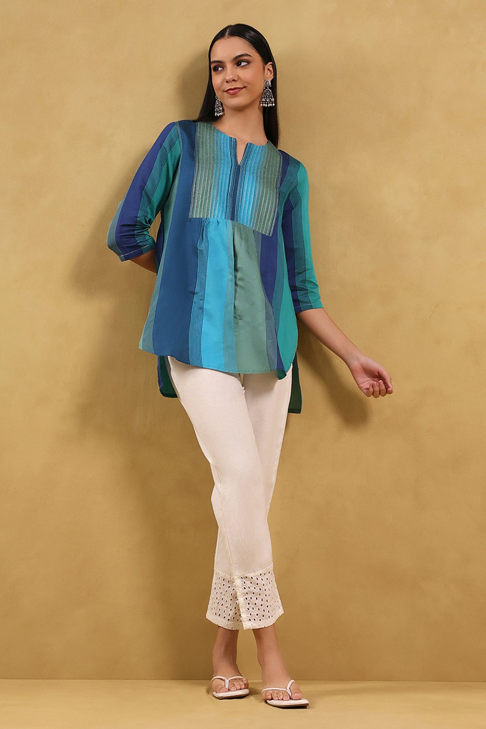 Blue Viscose Blend Solid Tiered Top image number 0