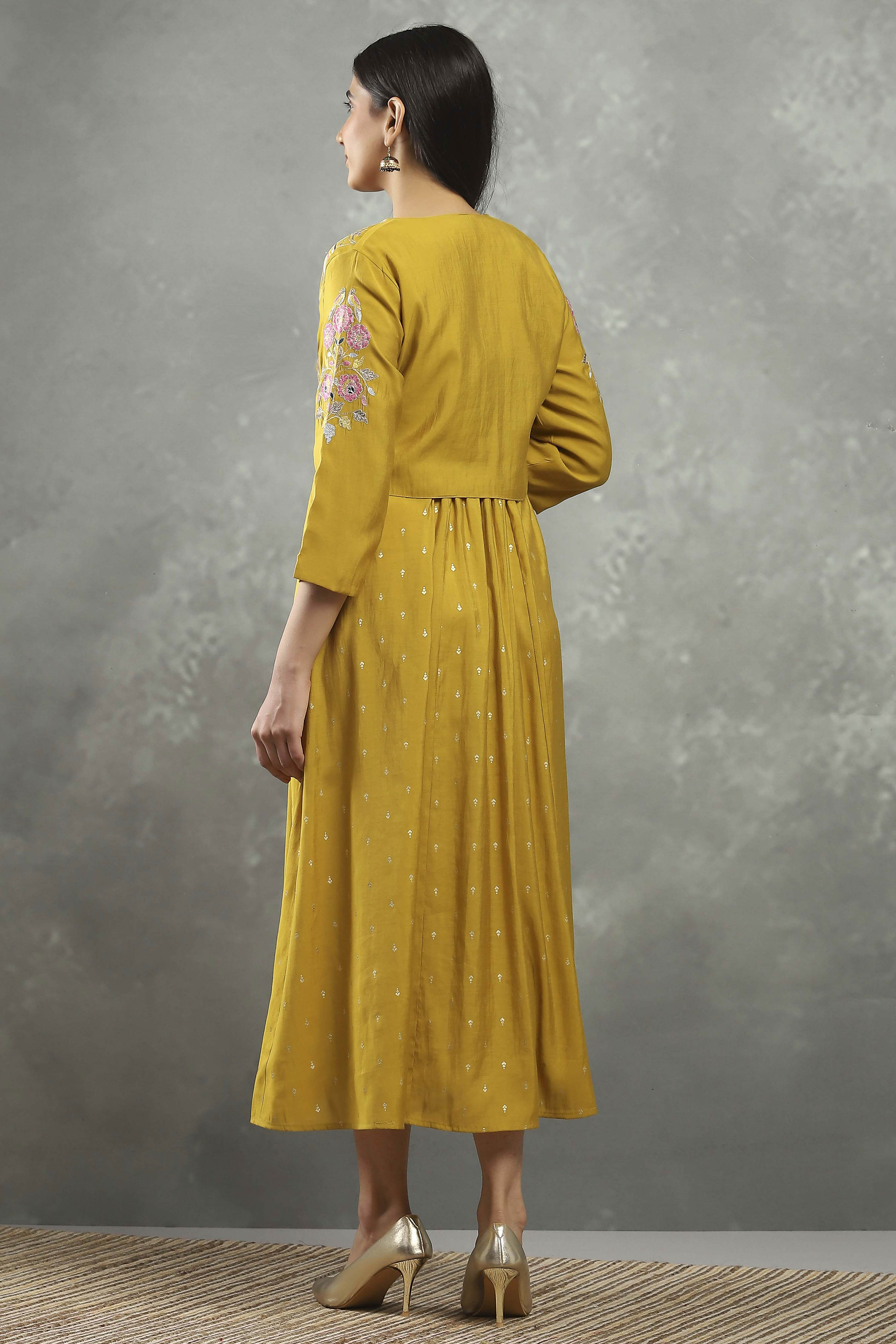 Mustard Viscose Blend Printed Kalidar Dress image number 3