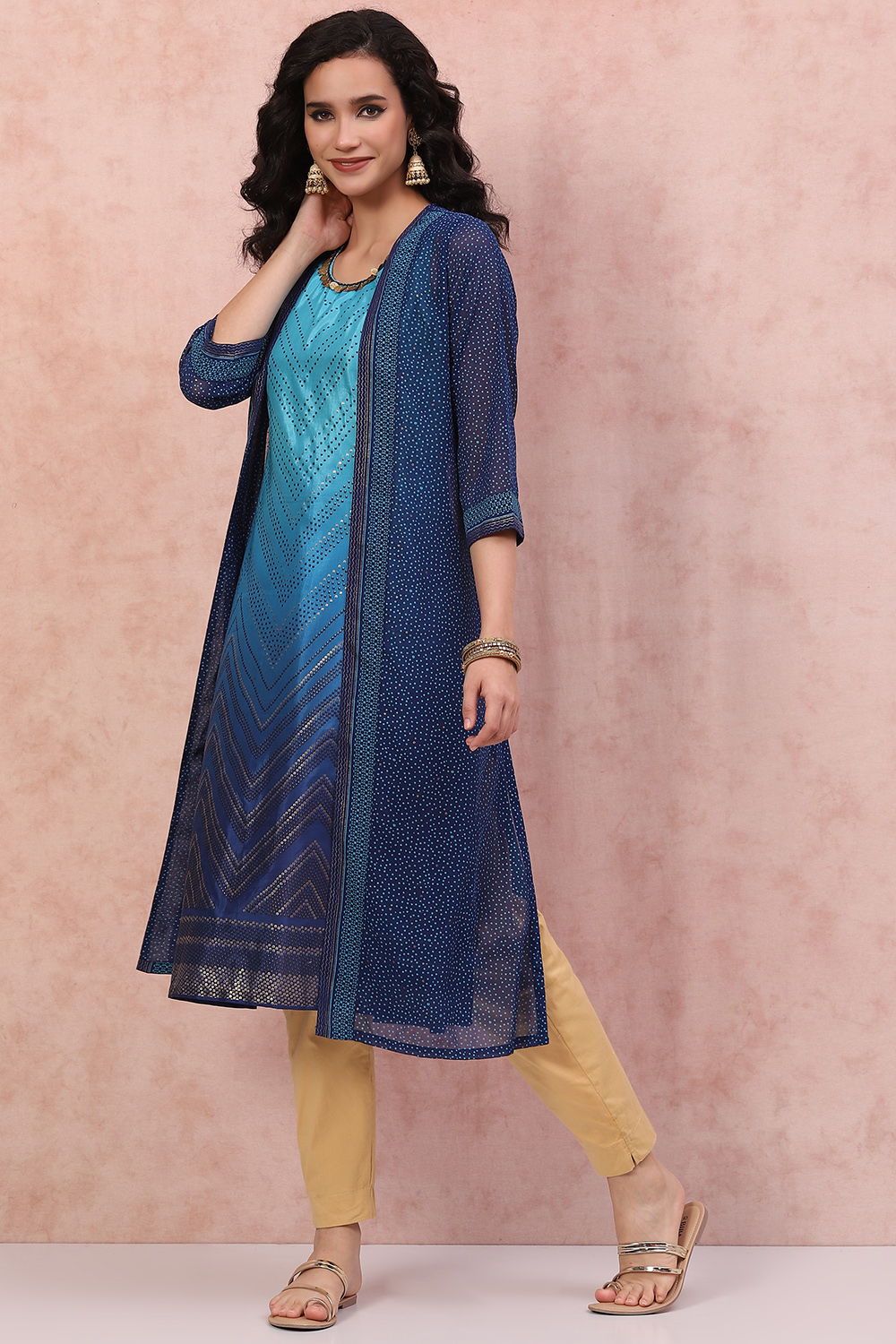 Turq Blue Art Silk Bandhani Kurta image number 2