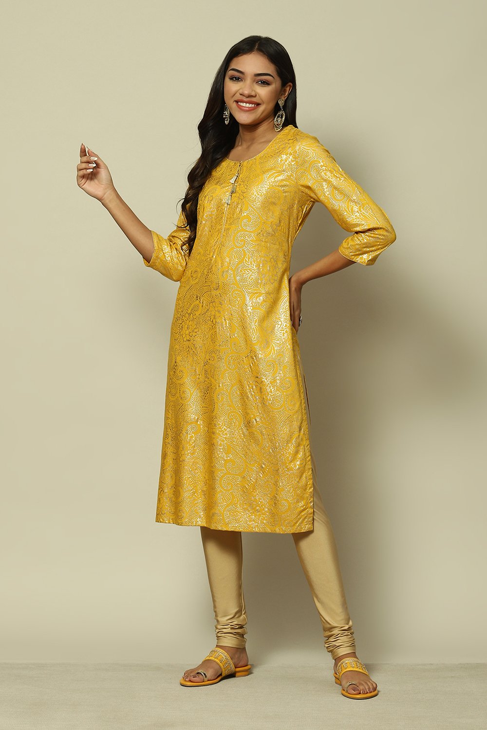 Yellow LIVA Straight Printed Kurta image number 0