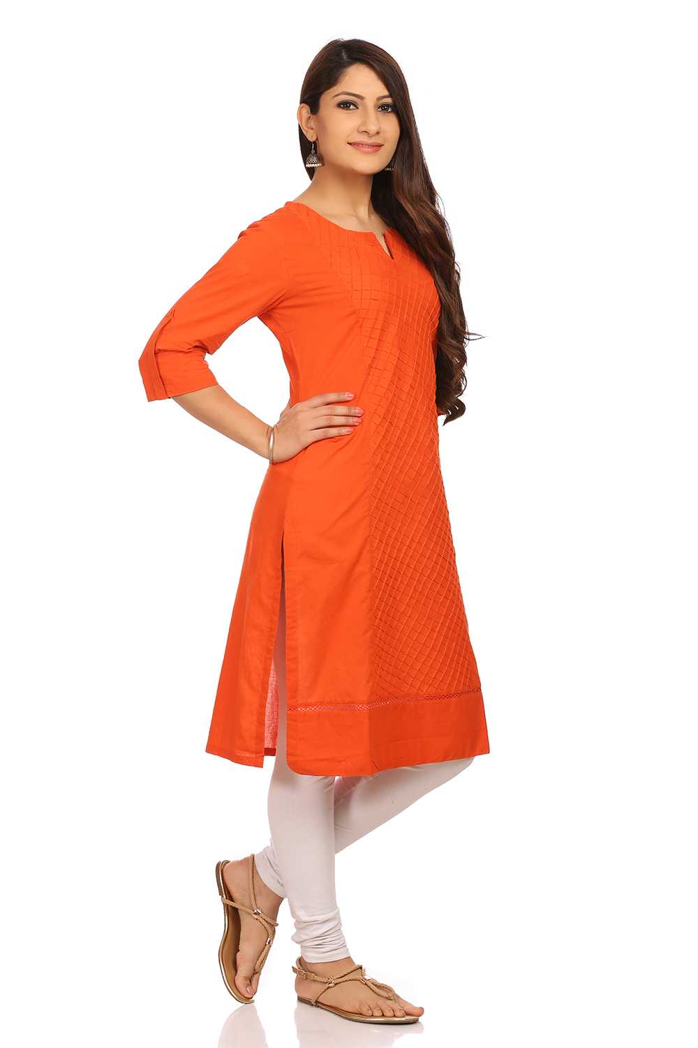 Orange Flared Cotton Kurta image number 1
